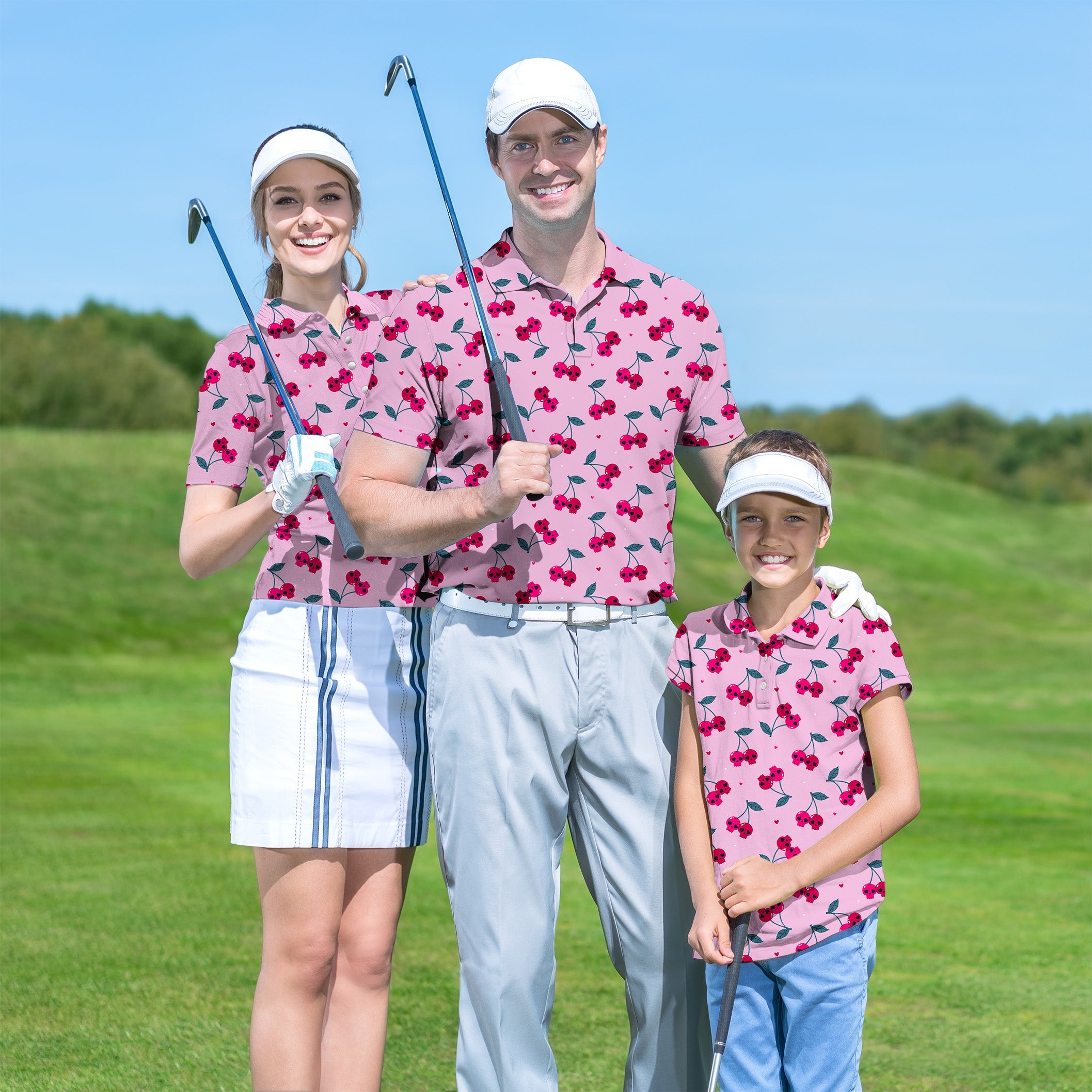 Family wearing matching Halloween cherry skull golf shirts on golf course