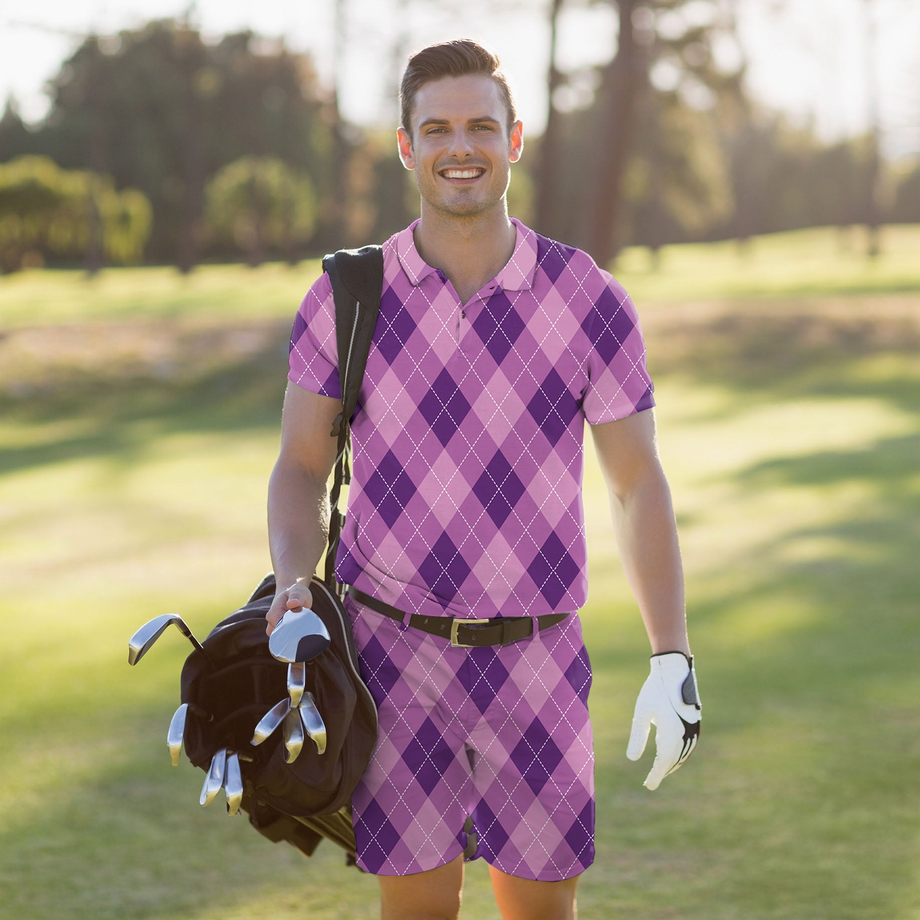 Men's golf set purple argyle polo shirt and shorts with four-way stretch and moisture-wicking fabric