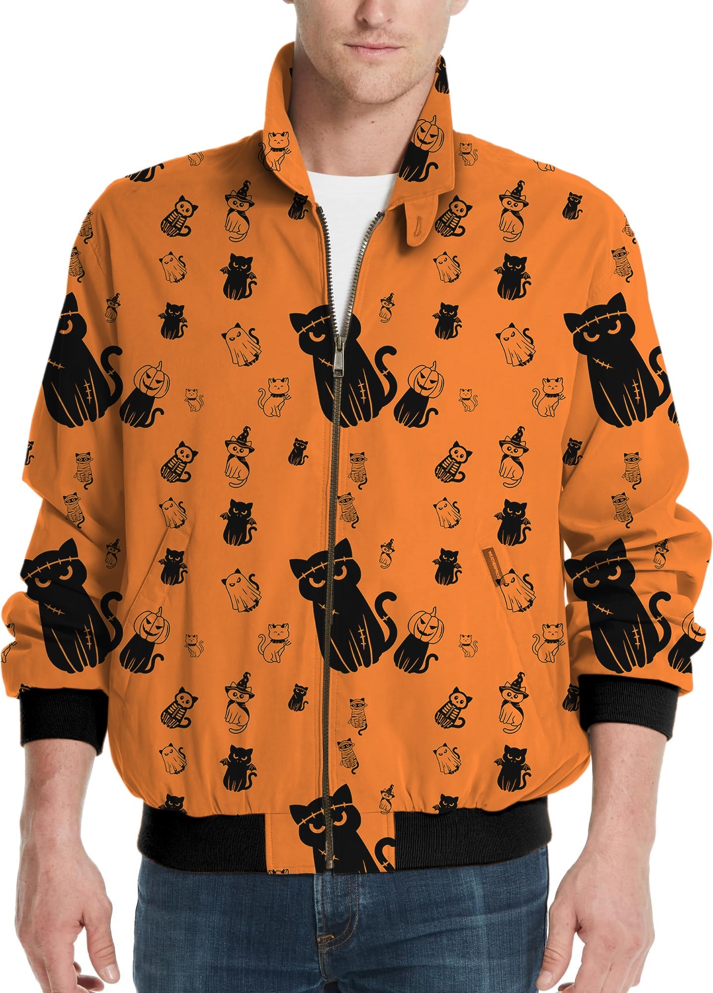 Men's Halloween Cute Cat golf windbreaker jacket with orange background and black cat pattern