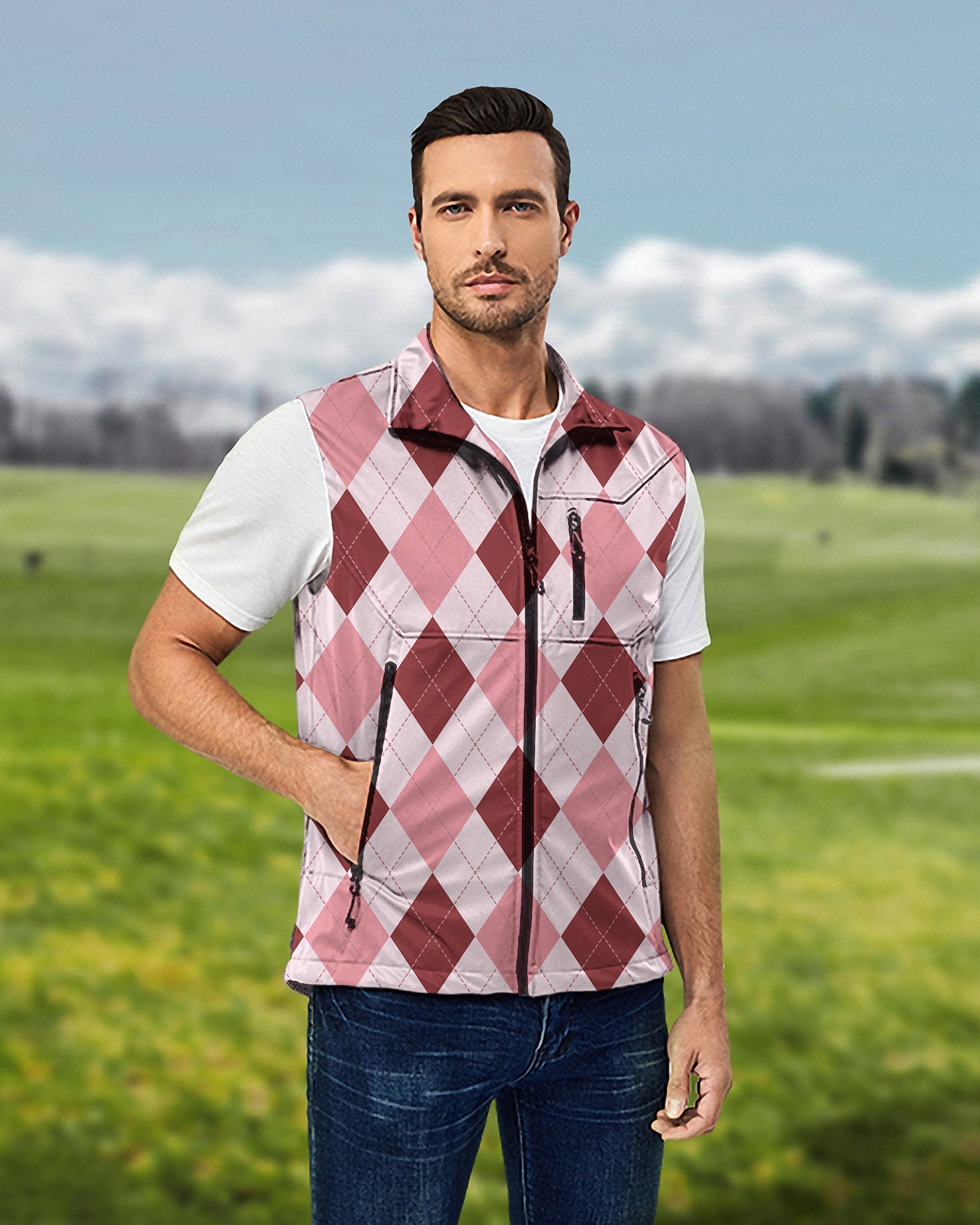 Men's pink argyle lightweight softshell vest sleeveless jacket for golf windproof waterproof