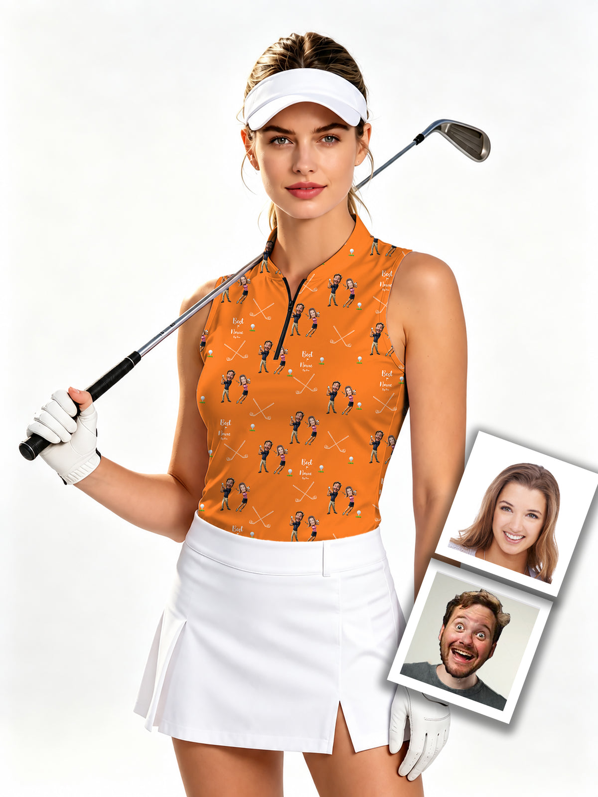 Custom Couple Photo Face & Name Women's Quarter Zip Mock Neck Sleeveless Golf Athletic Blouse