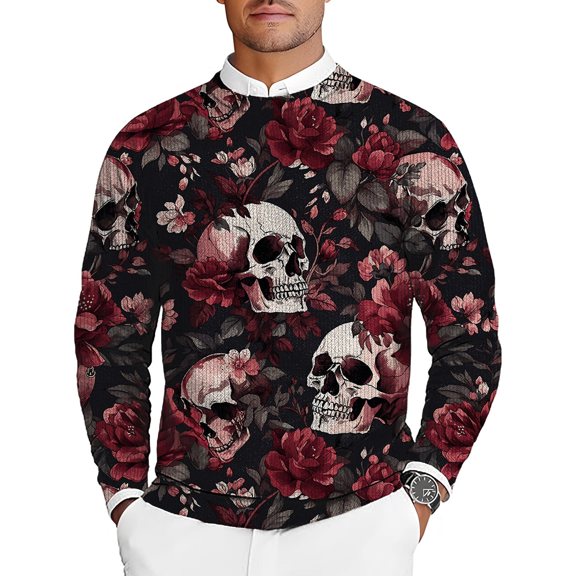 Men's Halloween floral skull golf crewneck pullover sweater with red roses and skulls design