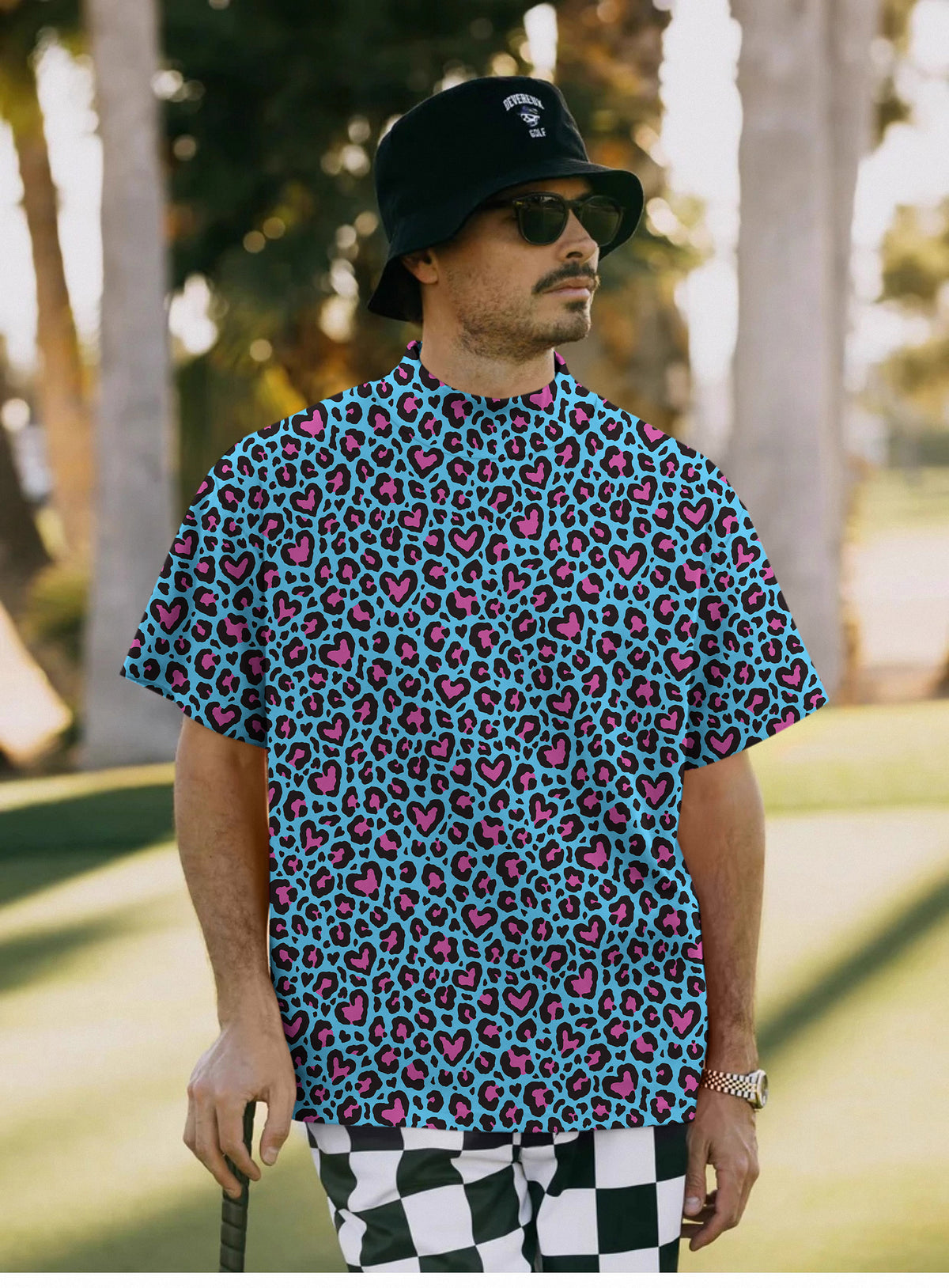 Men's Pink leopard print Mock Neck Long/Short Sleeve Golf Tops