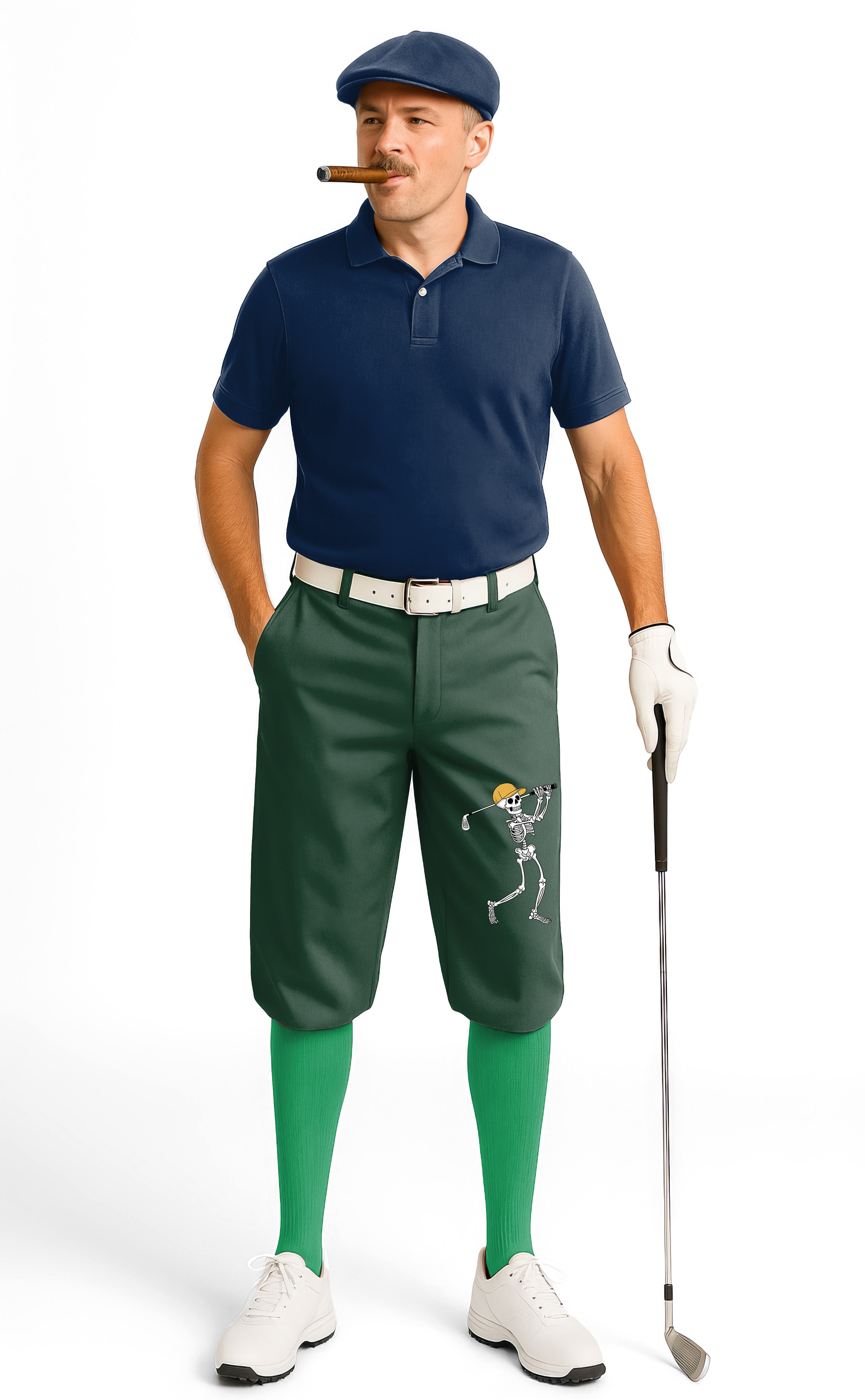 Men's yellow green Halloween skeleton golf knickers with snug ankle cuffs and stretchy performance fabric