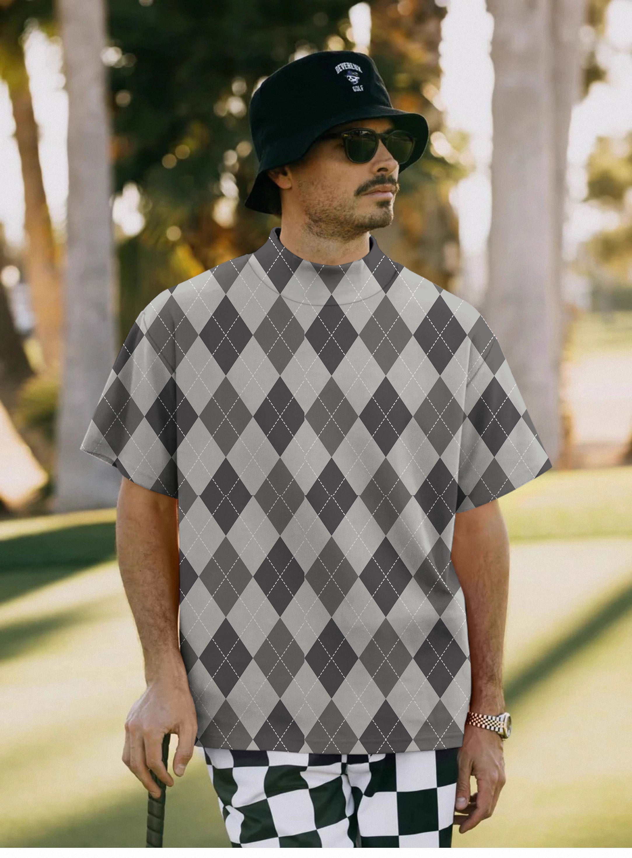 Men's grey Argyle Pullover High neck Long/Short sleeve T-Shirt