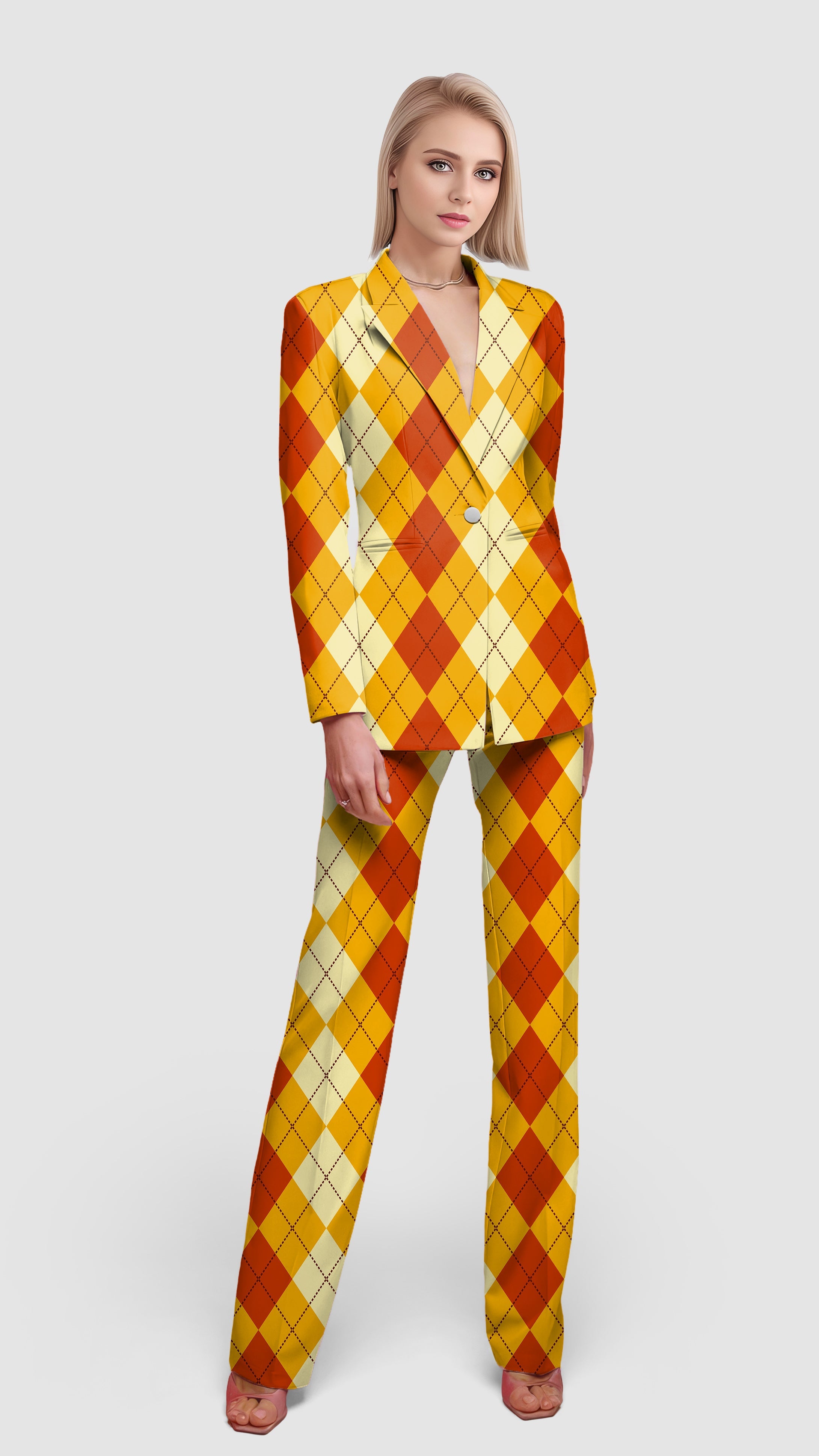 Halloween light yellow red argyle women's blazer and pants suit set for casual work office style