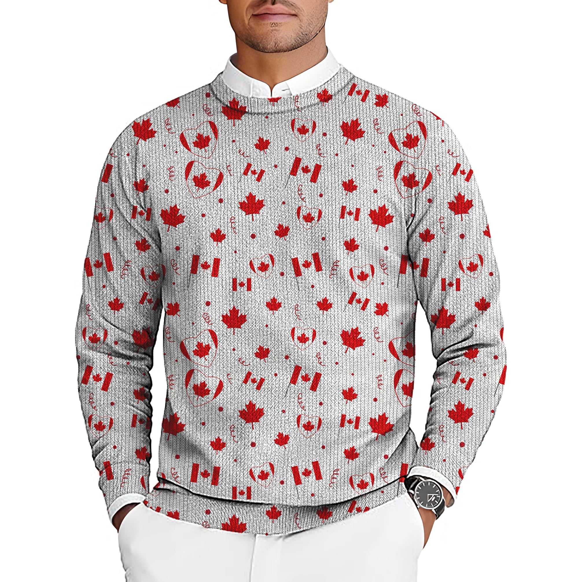 Canadian Patriotic Flag men's golf crewneck pullover sweater with maple leaf and flag pattern