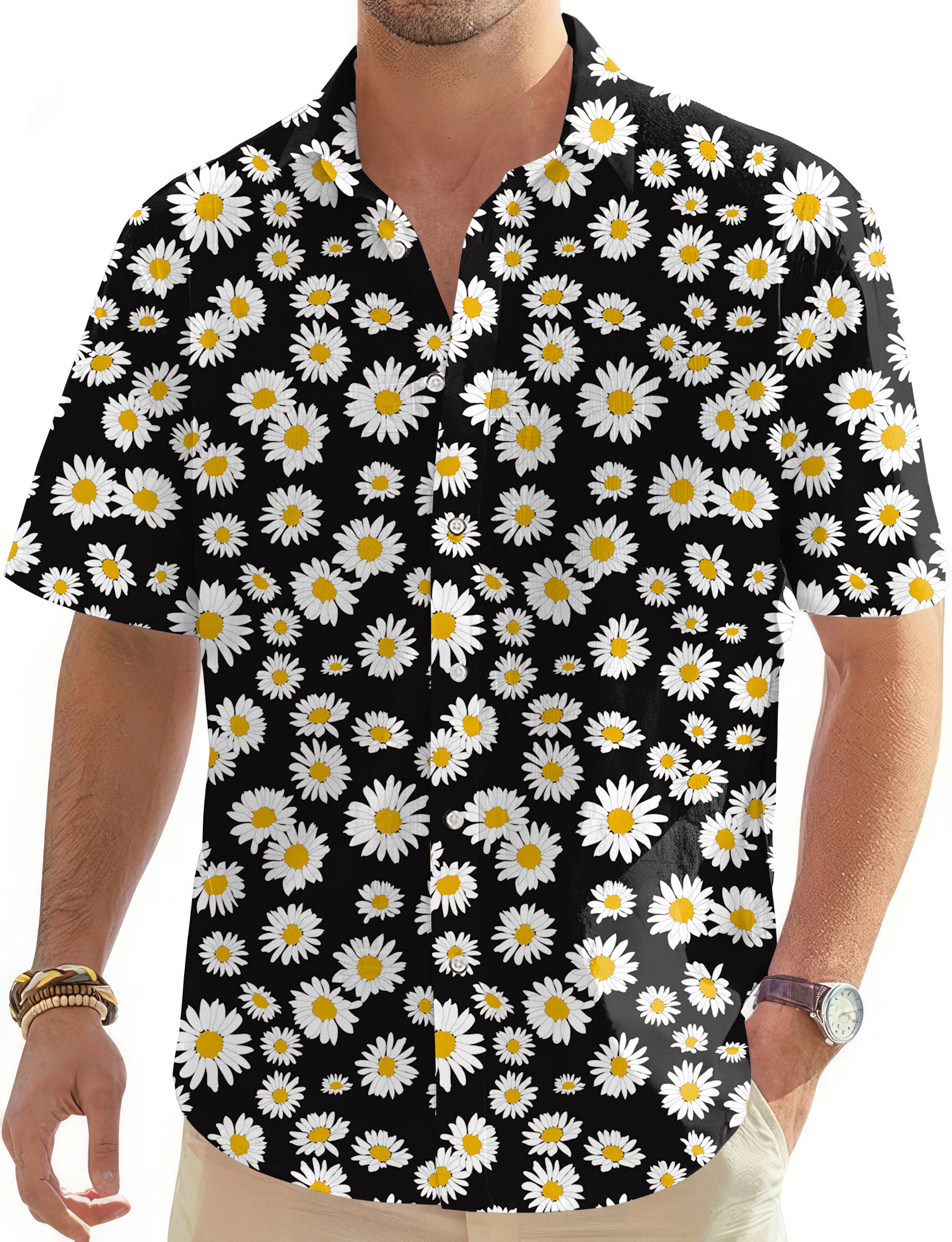 Black Daisy Flower Cool Men's Golf Hawaiian Shirts Button Down Shirt