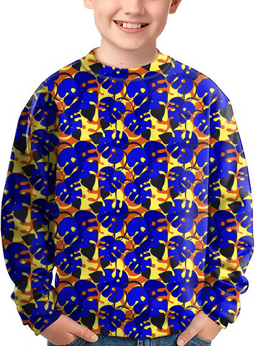 Kids tropical leaves and plants crewneck pullover with vibrant blue and orange pattern