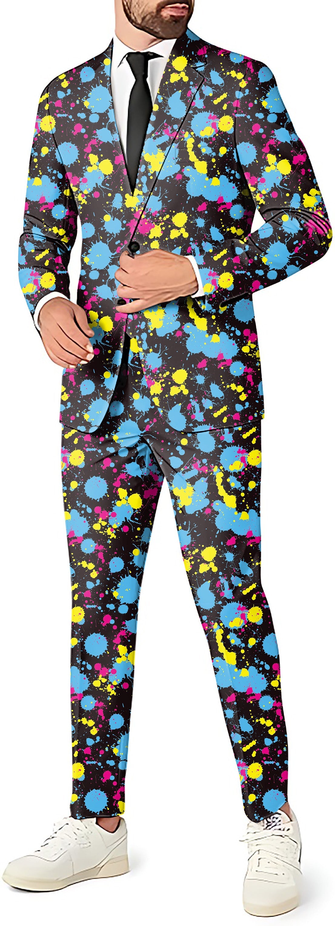 V2 Paint Splatter Men's Party Costume Suit with blazer, vest, and pants in colorful paint splatter design