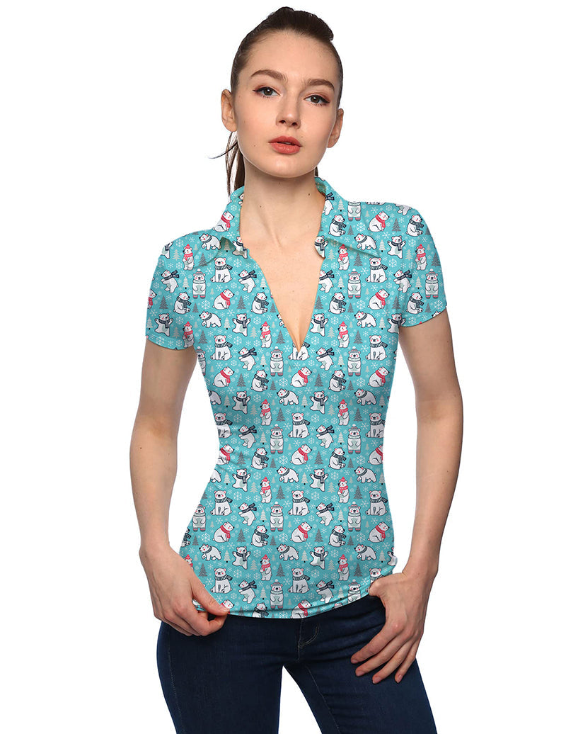 Women's Christmas white bear V neck golf polo shirt with short sleeves and festive polar bear print