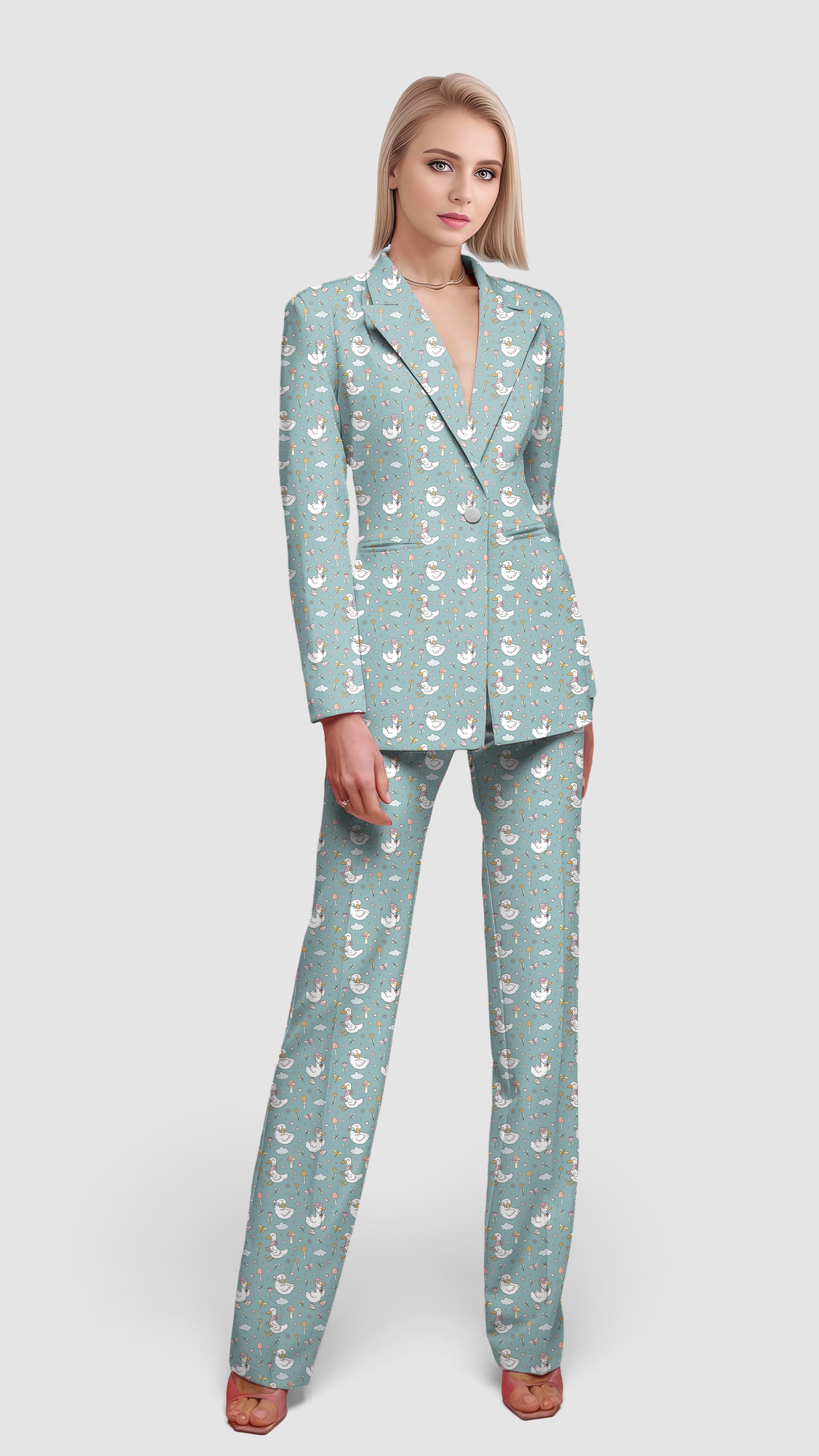 Cute Duck Floral Women's Blazer Casual Work Office Blazer Suit set