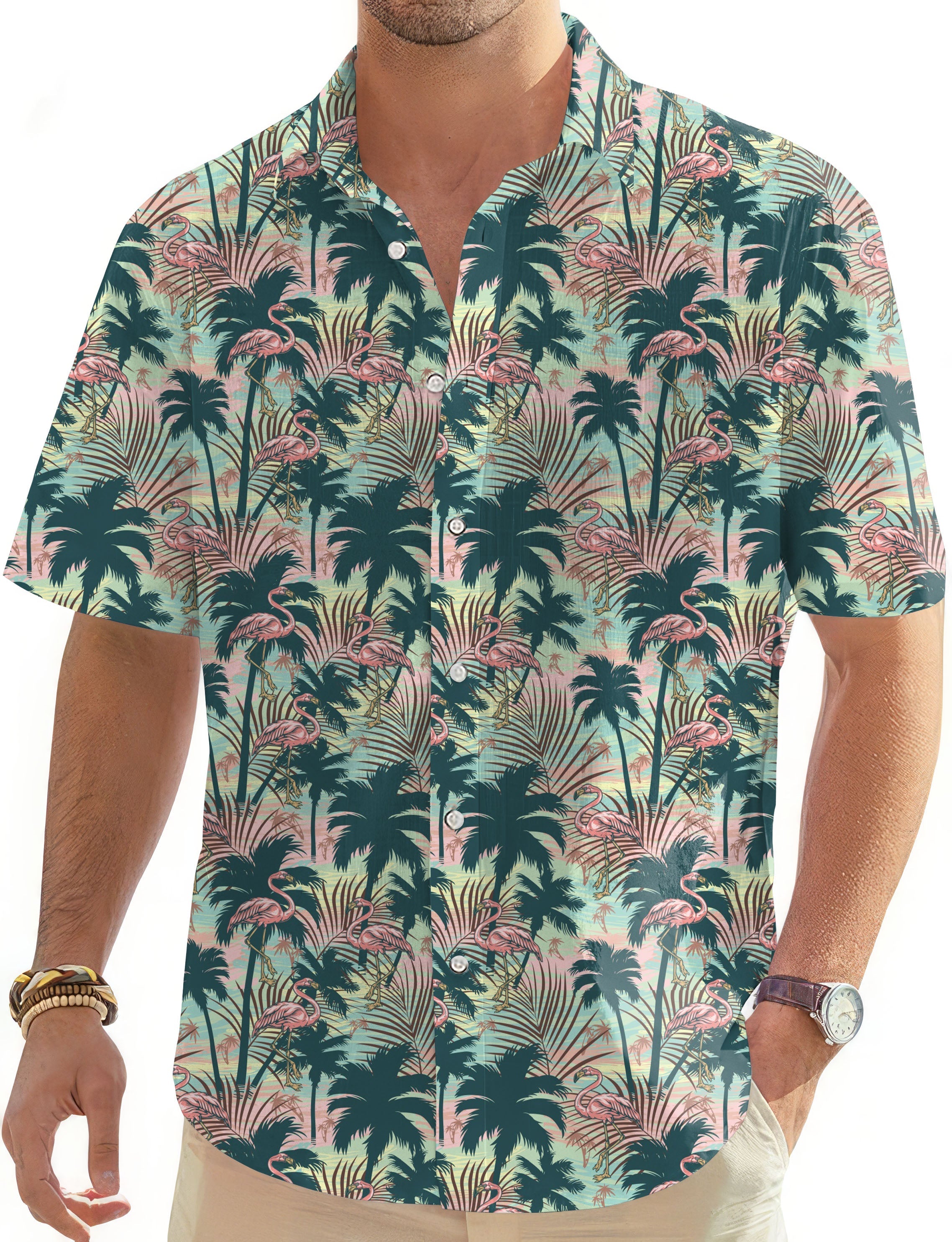 Dazed Flamingo-Men's short sleeve Hawaiian golf shirt with tropical flamingo and palm tree print