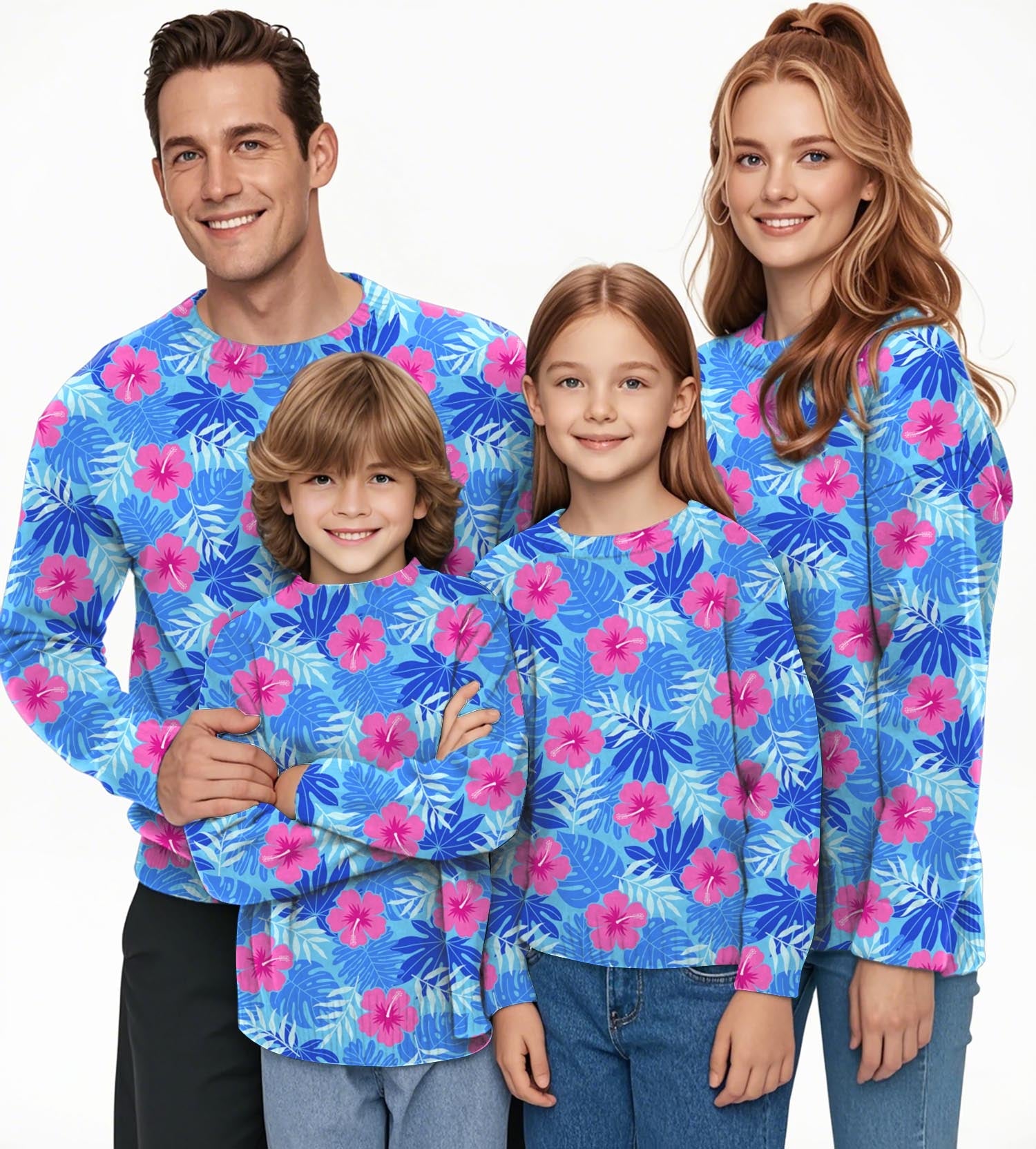 Family wearing Vivid Bloom flower crewneck pullovers with blue floral pattern