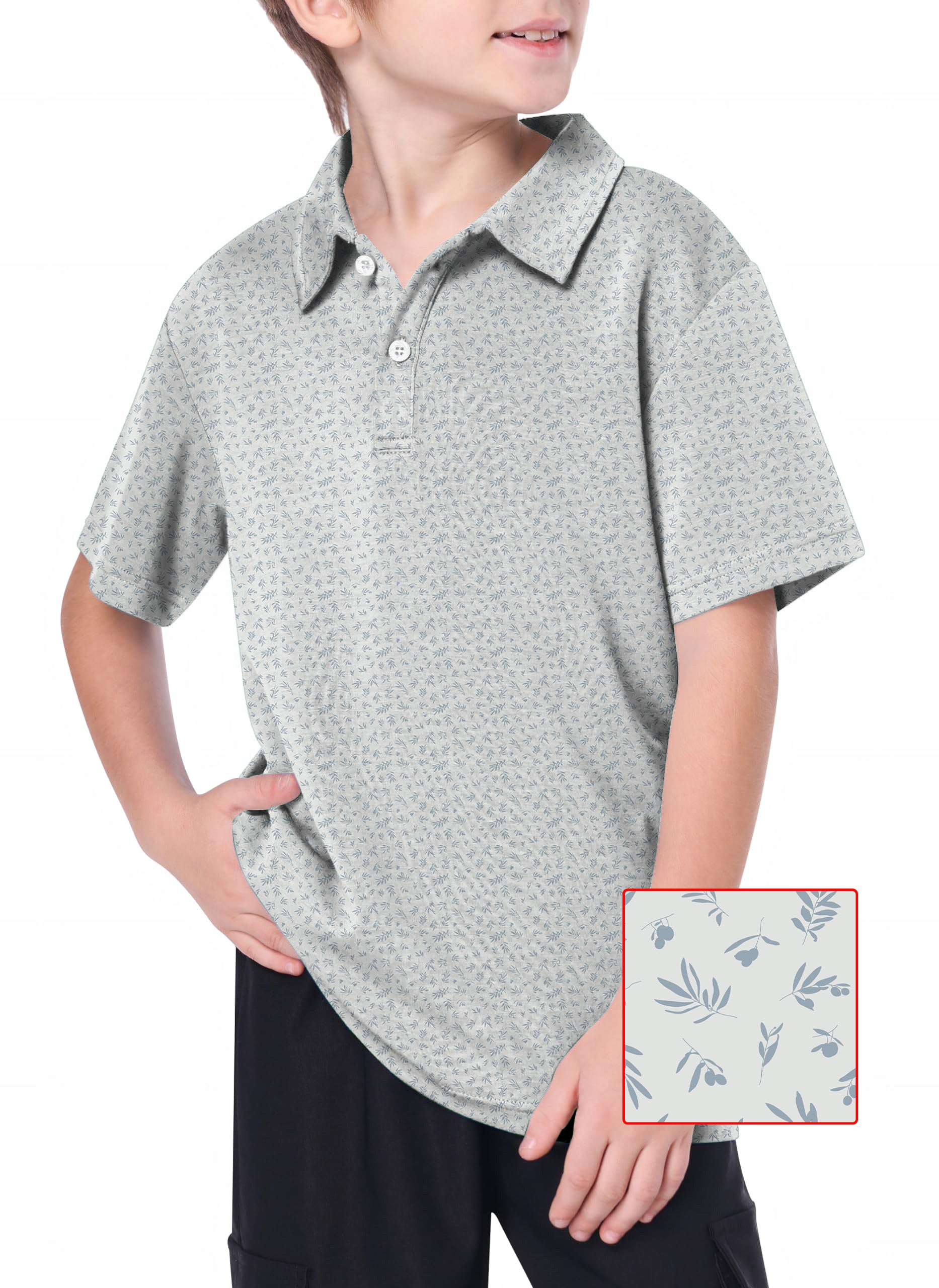 Youth Leaves And Fruits Golf Polo worn by boy with subtle leaf and fruit pattern in light colors