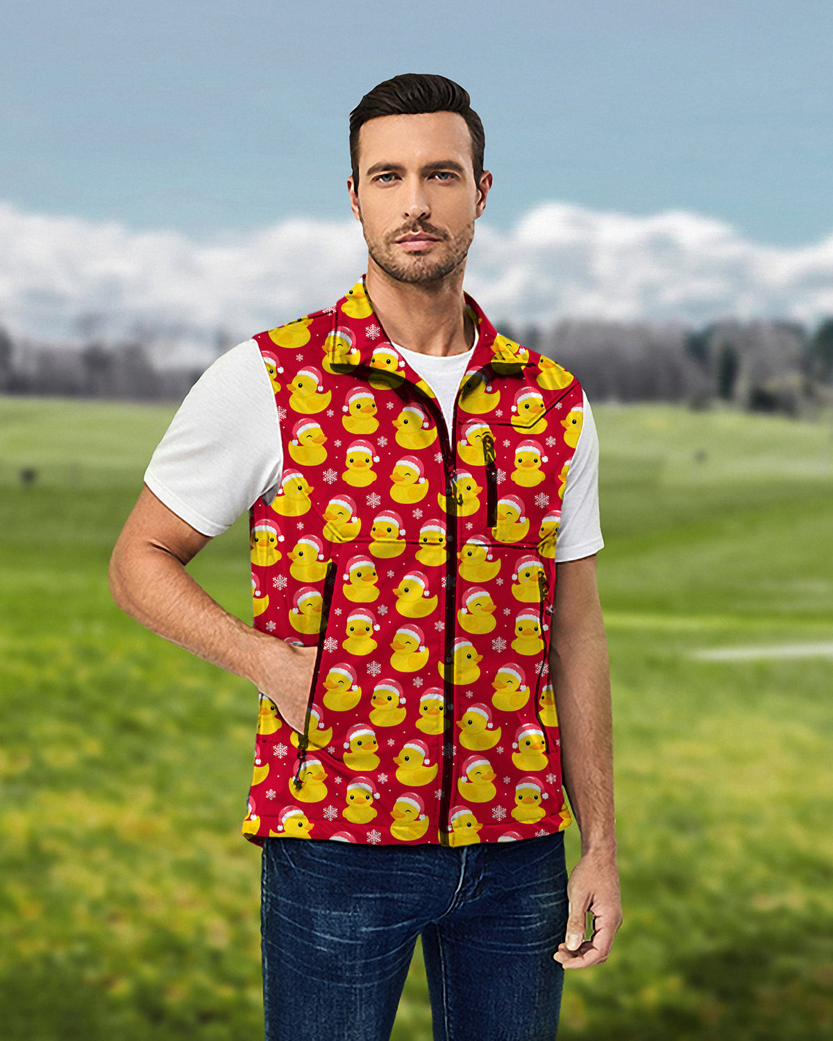 Men's Christmas Yellow Duck Lightweight Softshell Vest Sleeveless Jacket for Golf Windproof Waterproof