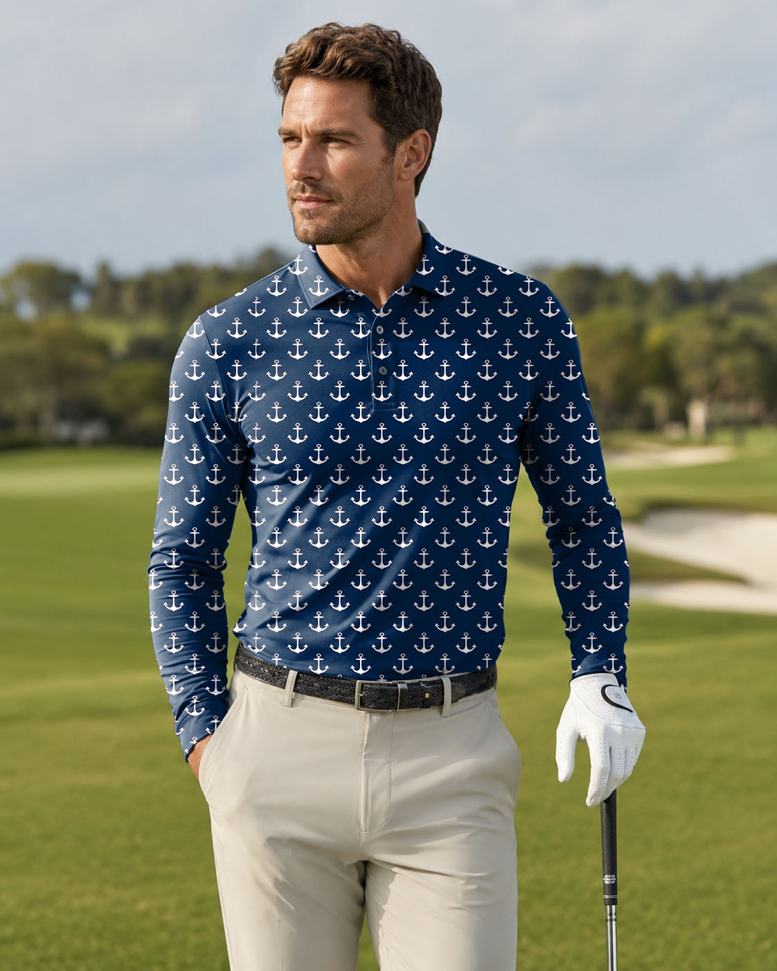 Men's ship anchor Long-sleeved Polo