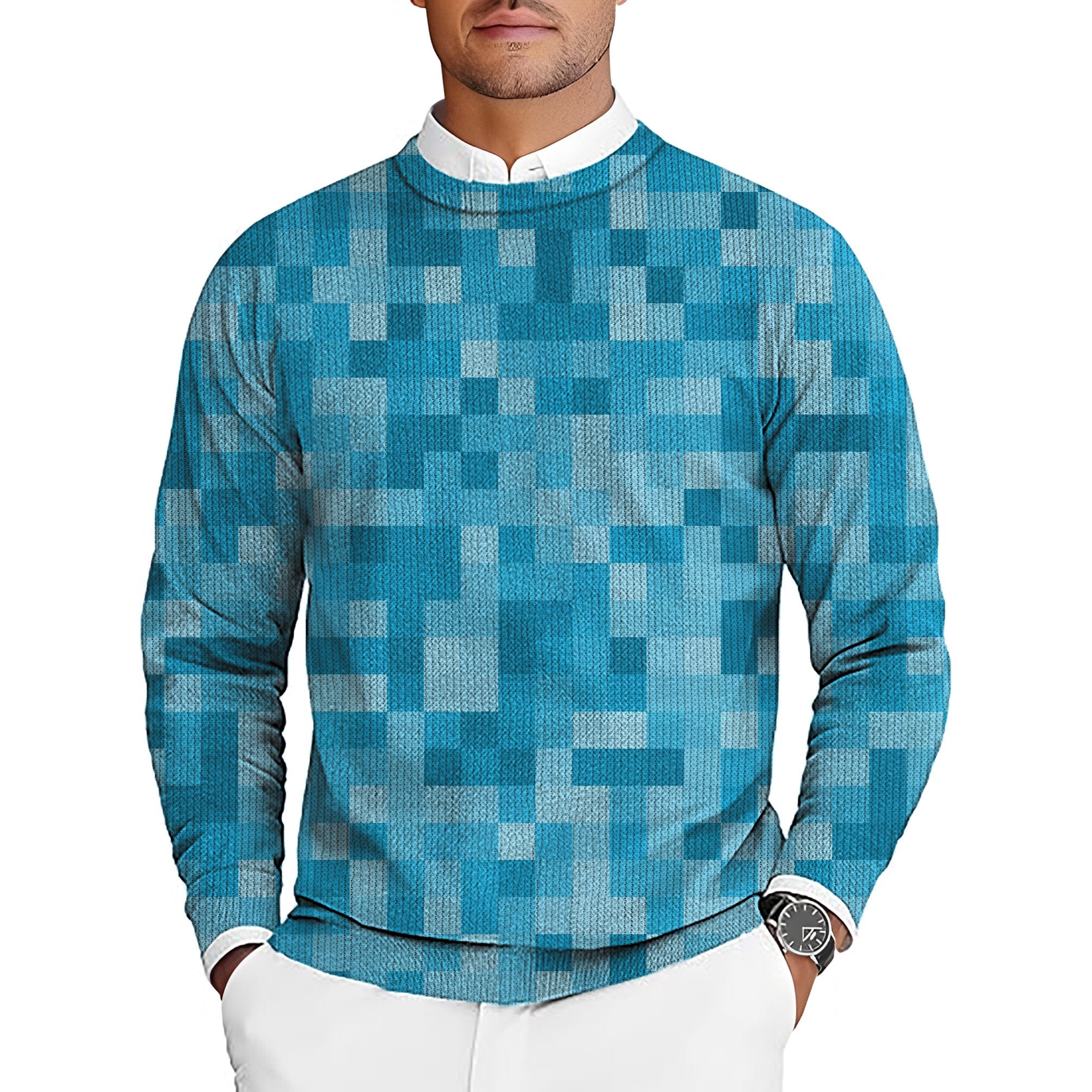 Blue Pixel Big Men's golf crewneck pullover sweater with pixel pattern