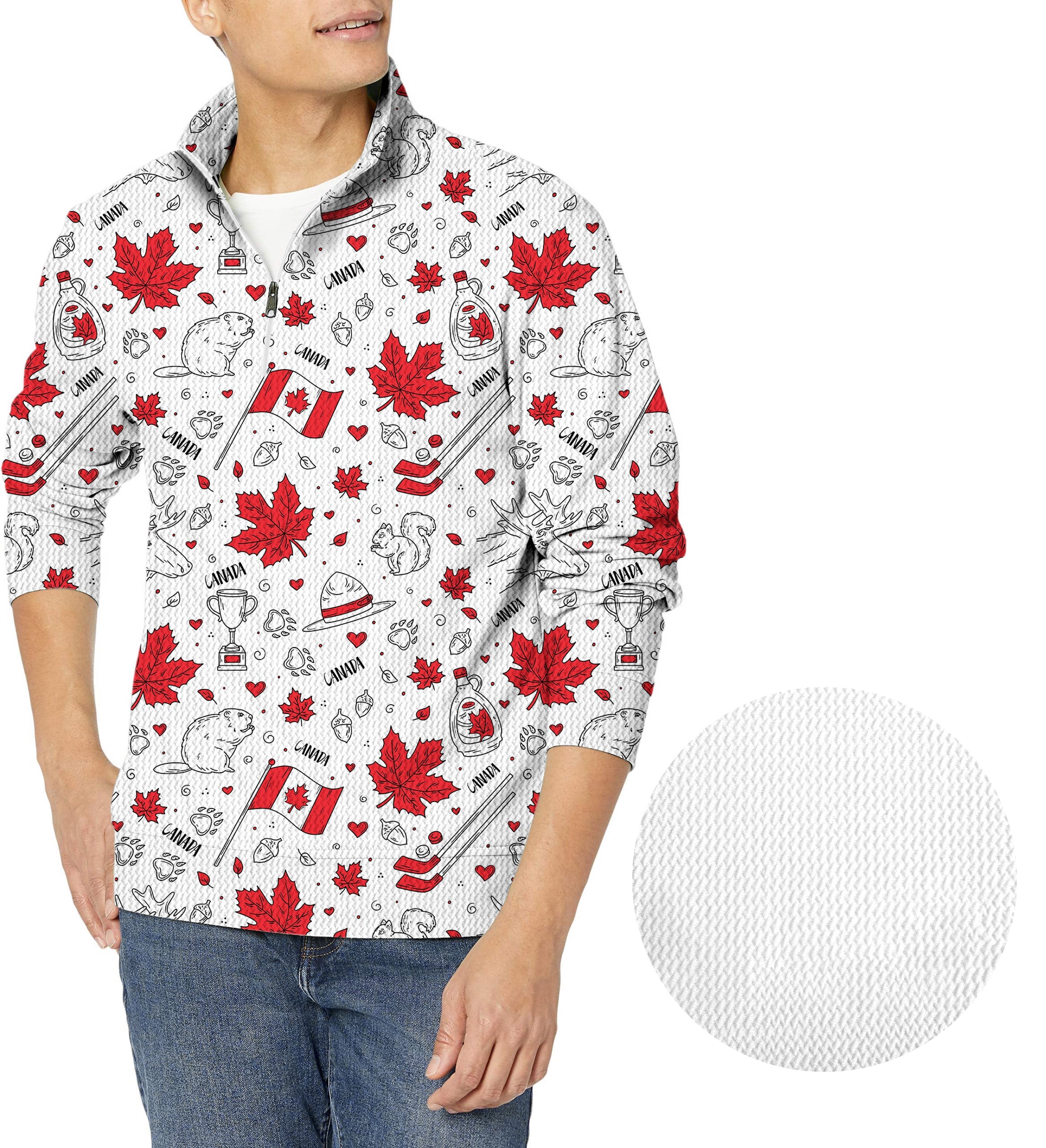 Canadian Balloon Squirrel men's golf waffle zipper pullover with maple leaves and Canadian-themed print