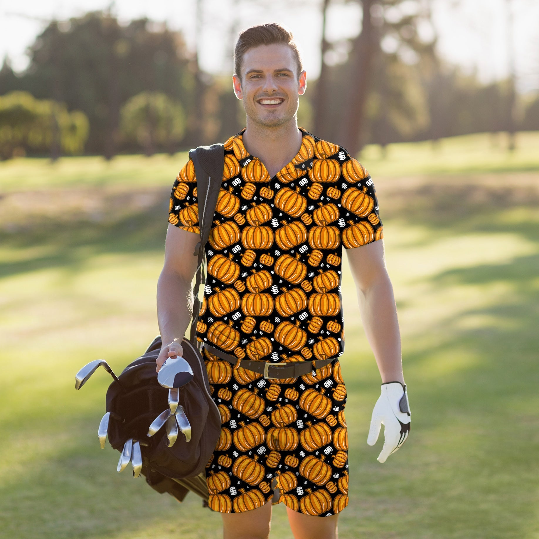 Men's golf set with Halloween pumpkin print polo and shorts, moisture-wicking, stretchy, UPF 40+, wrinkle-resistant, classic fit