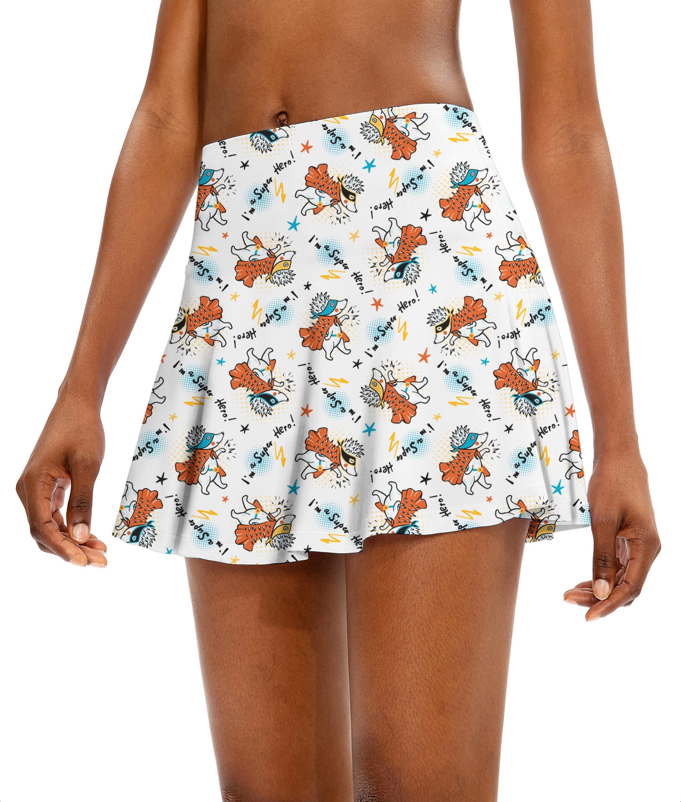 Handsome Hedgehog women's athletic golf skort with flared skirt and playful hedgehog pattern