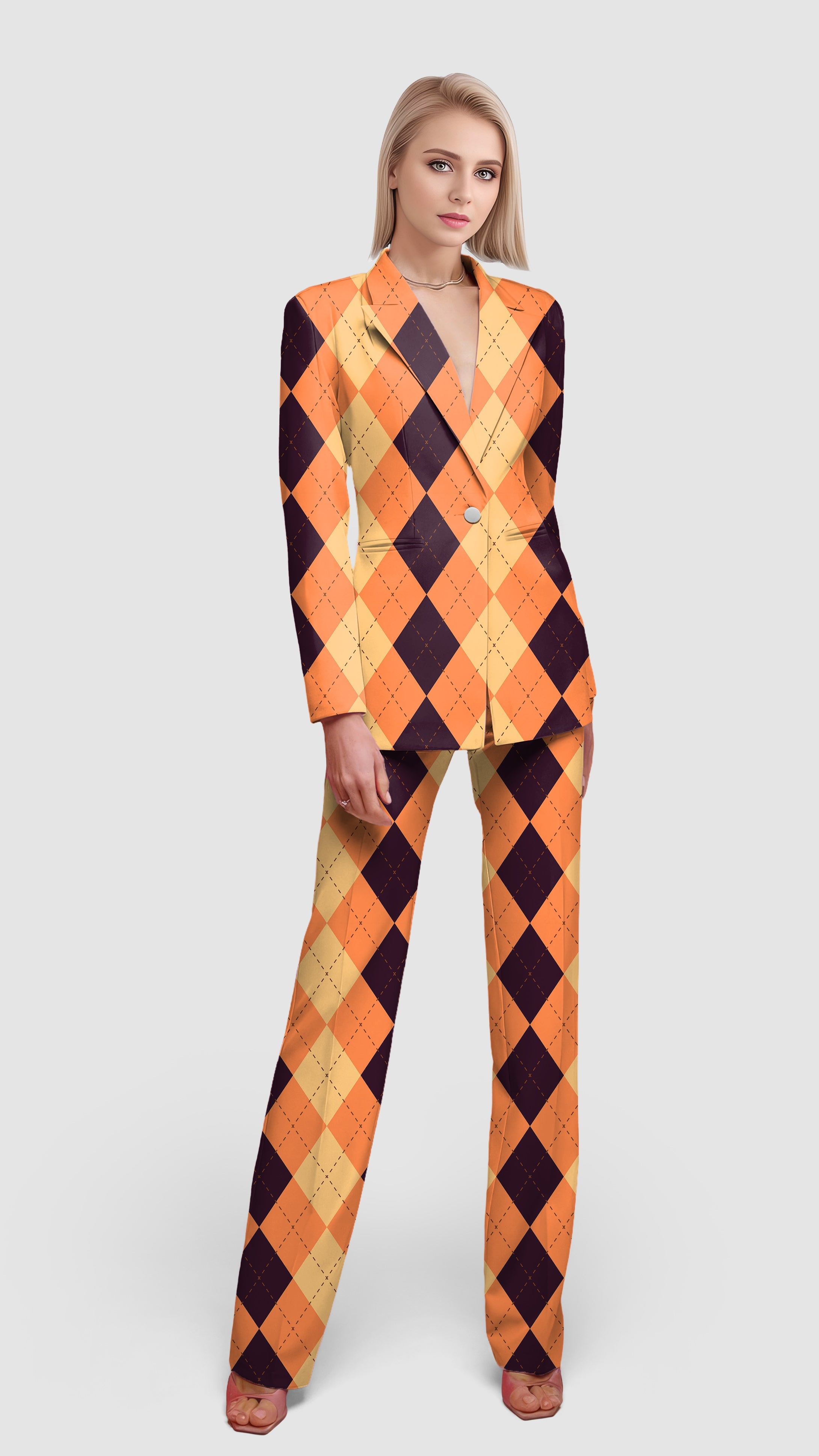Halloween black light yellow orange argyle women's blazer and pants suit set for casual work and office wear