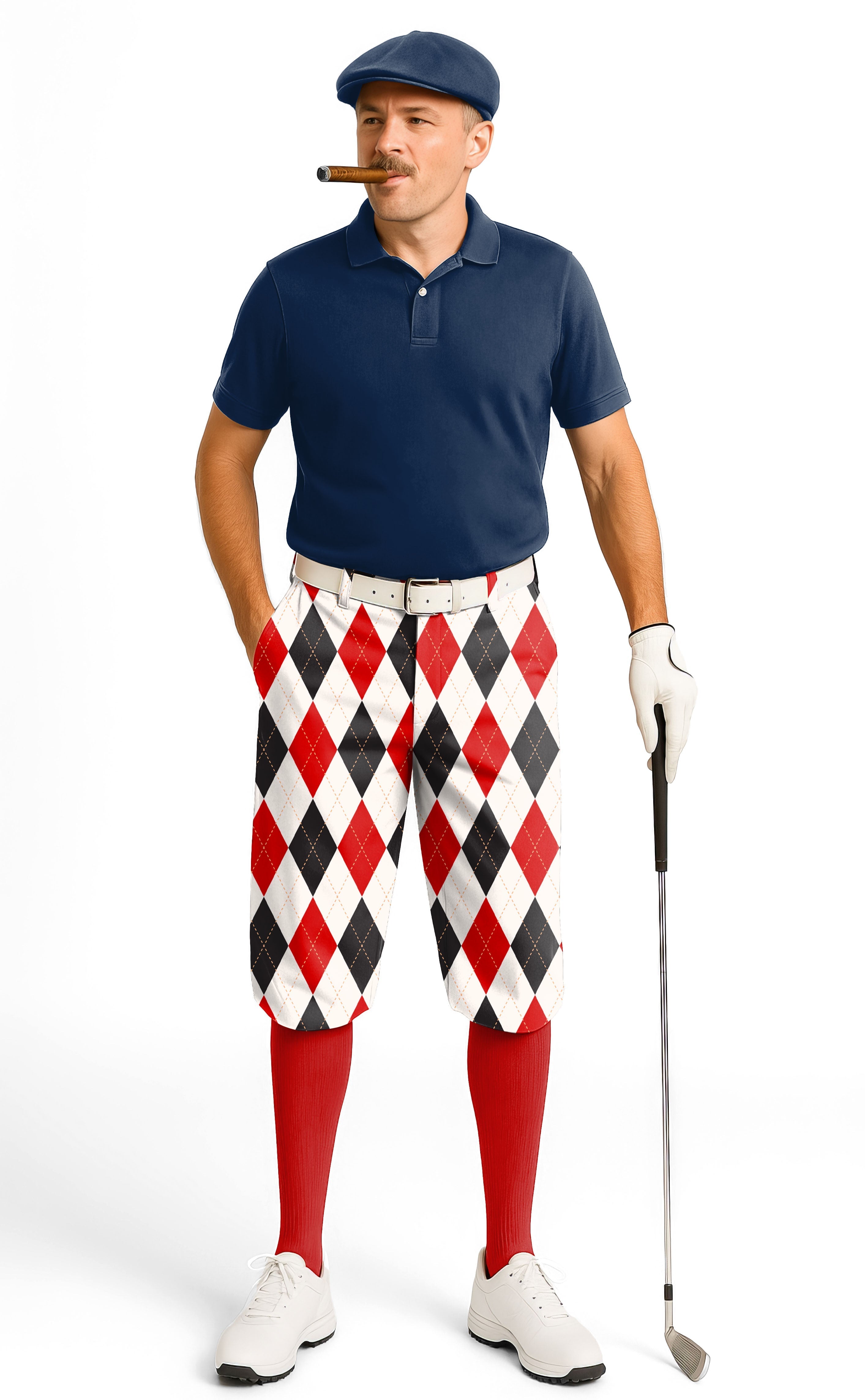 Man wearing Argyle Red black grid men's golf knickers with navy polo and red socks holding golf club