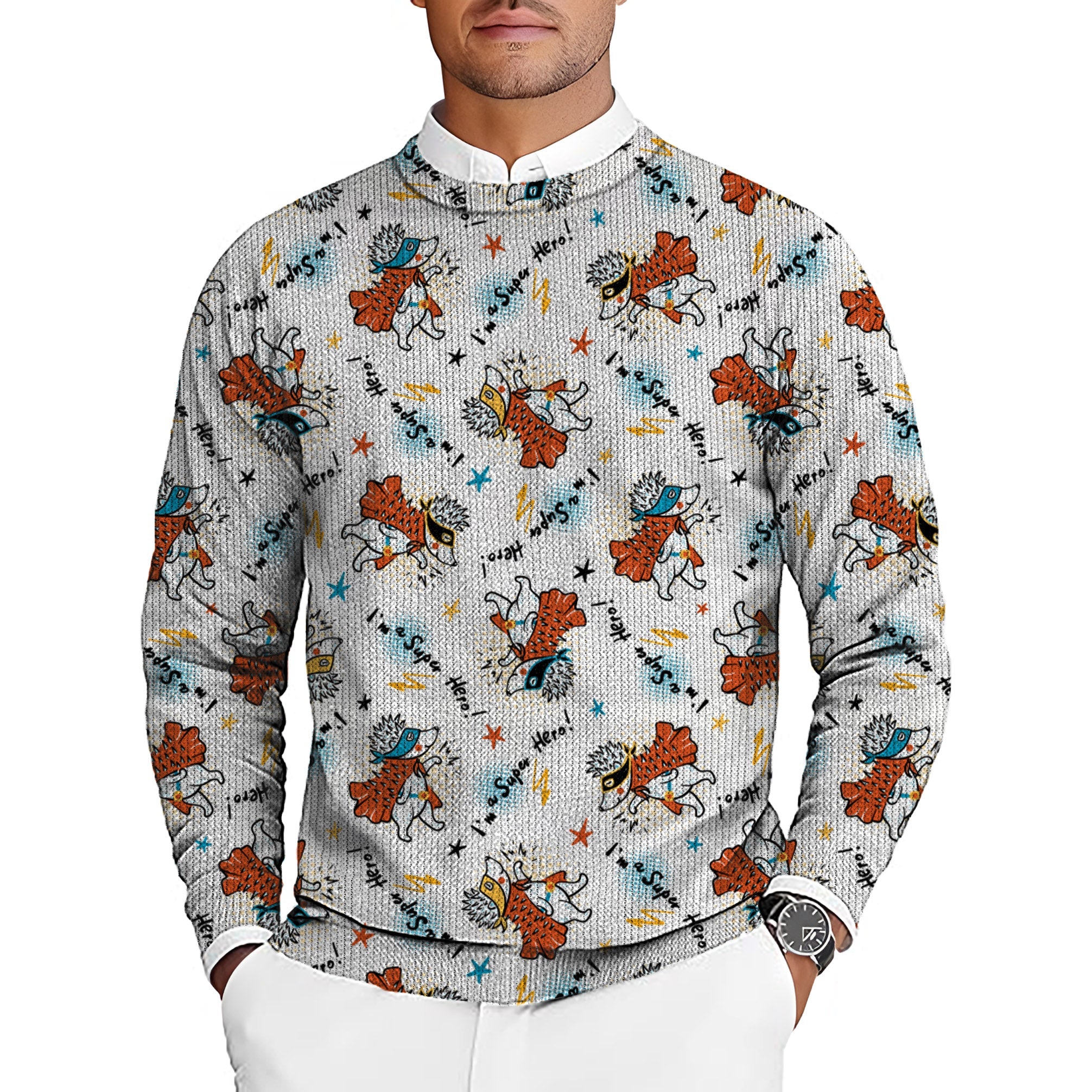Handsome Hedgehog men's golf crewneck pullover sweater with cartoon hedgehog pattern