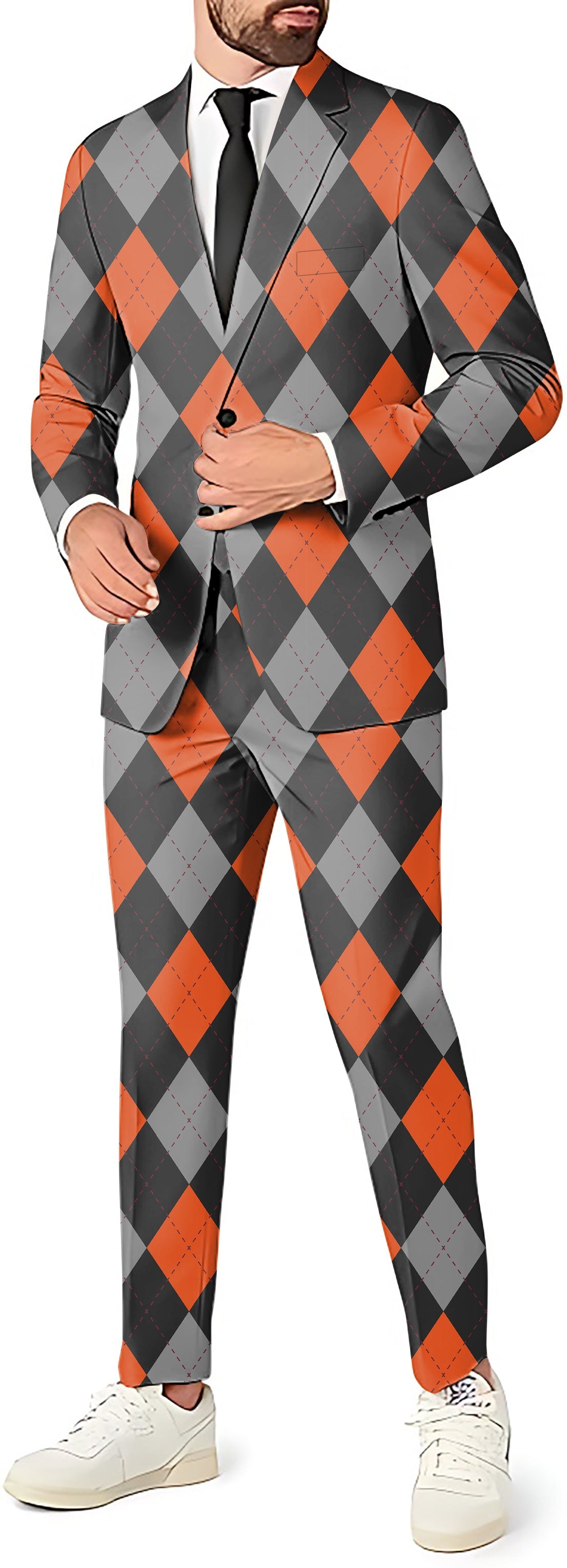 Halloween Black Red Argyle men's blazer and pants costume set for theme parties
