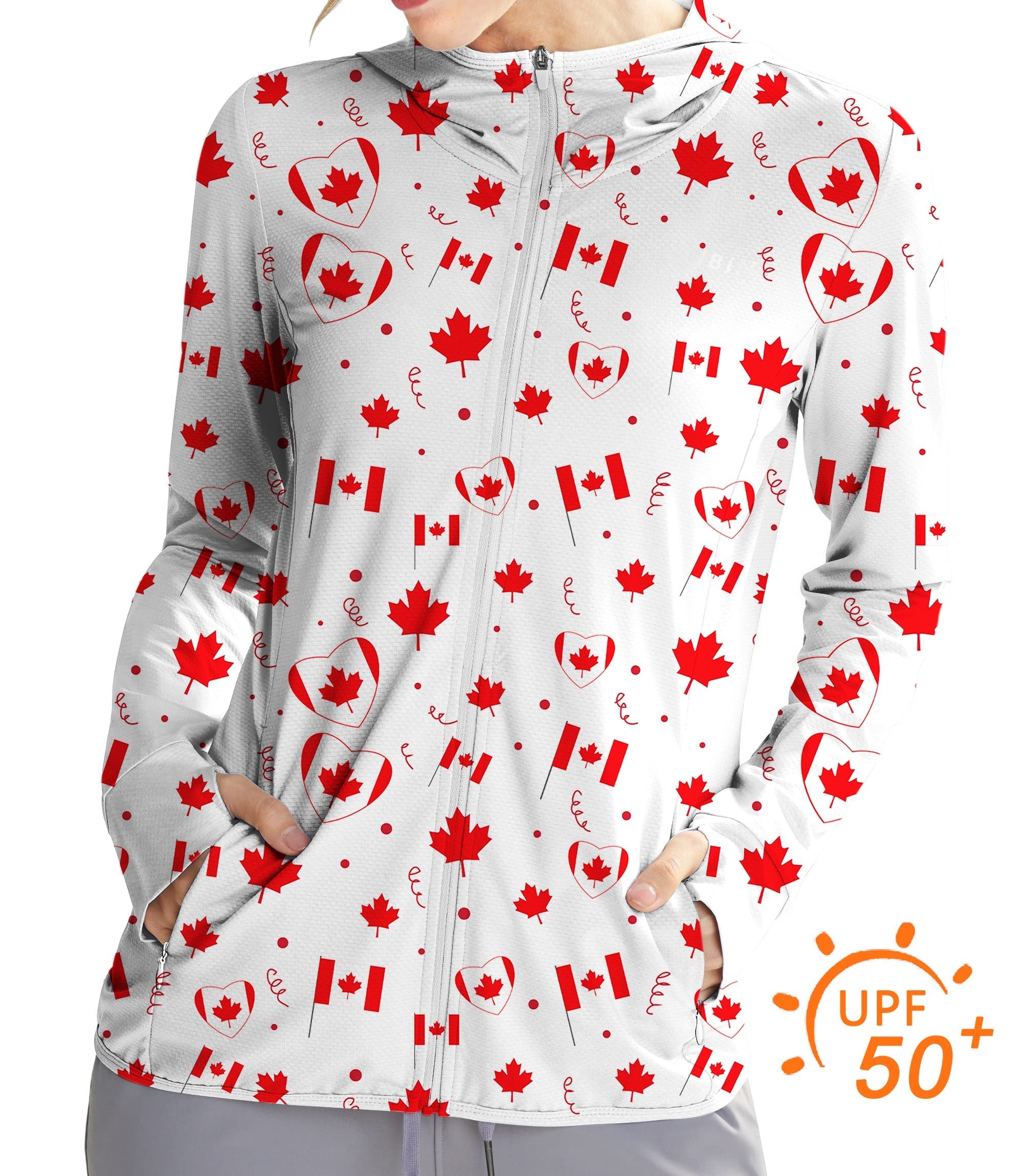 Women's outdoor slim fit zip hoodie with Canadian patriotic flag pattern and UPF 50+ sun protection