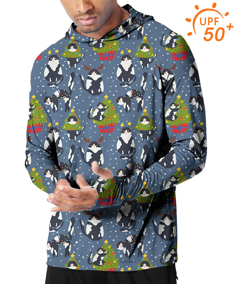Men's Outdoor Christmas slim fit hoodie with black and white cat print, UPF 50+ sun protection, breathable lightweight fabric.