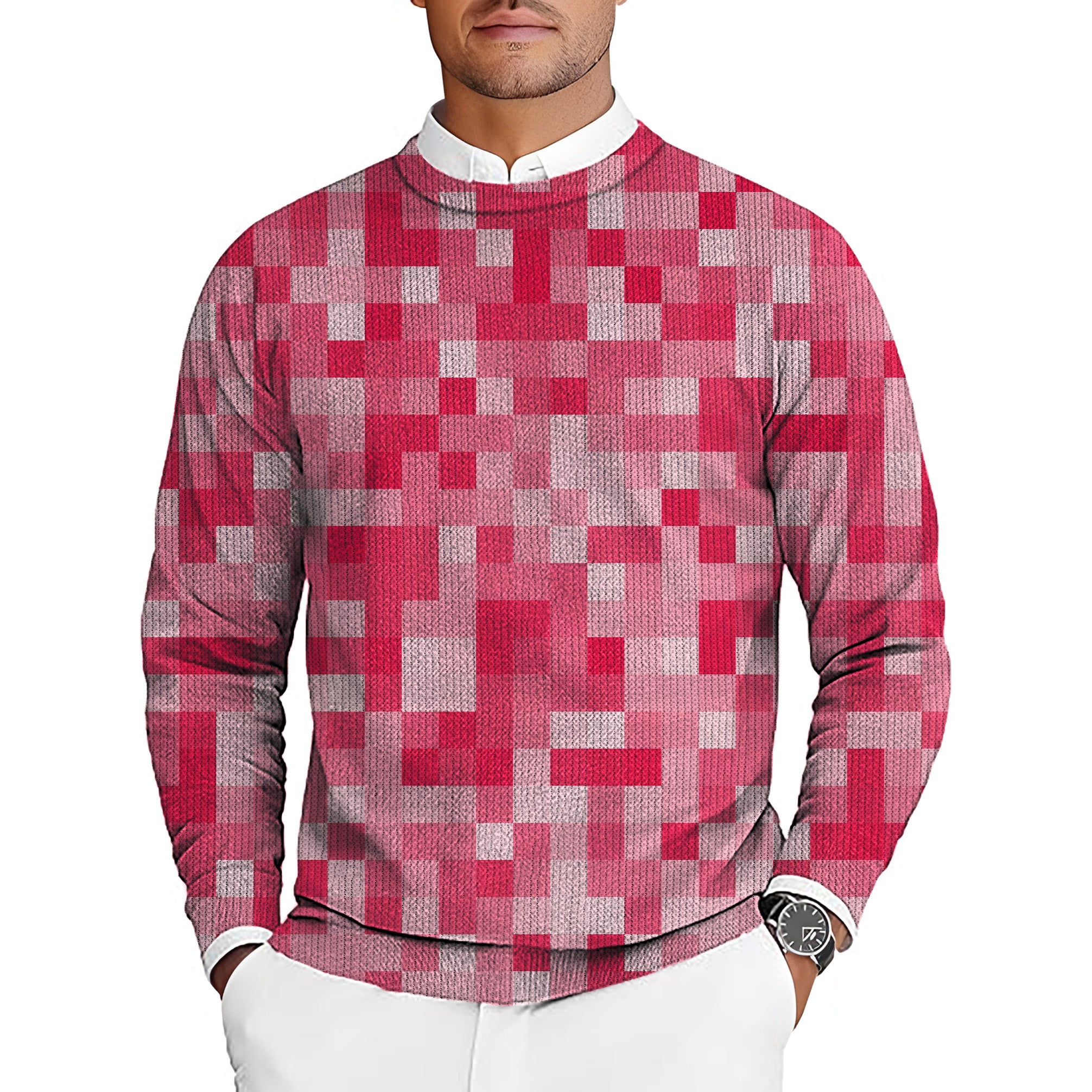 Light red pixel pattern men's golf crewneck pullover sweater with custom logo option