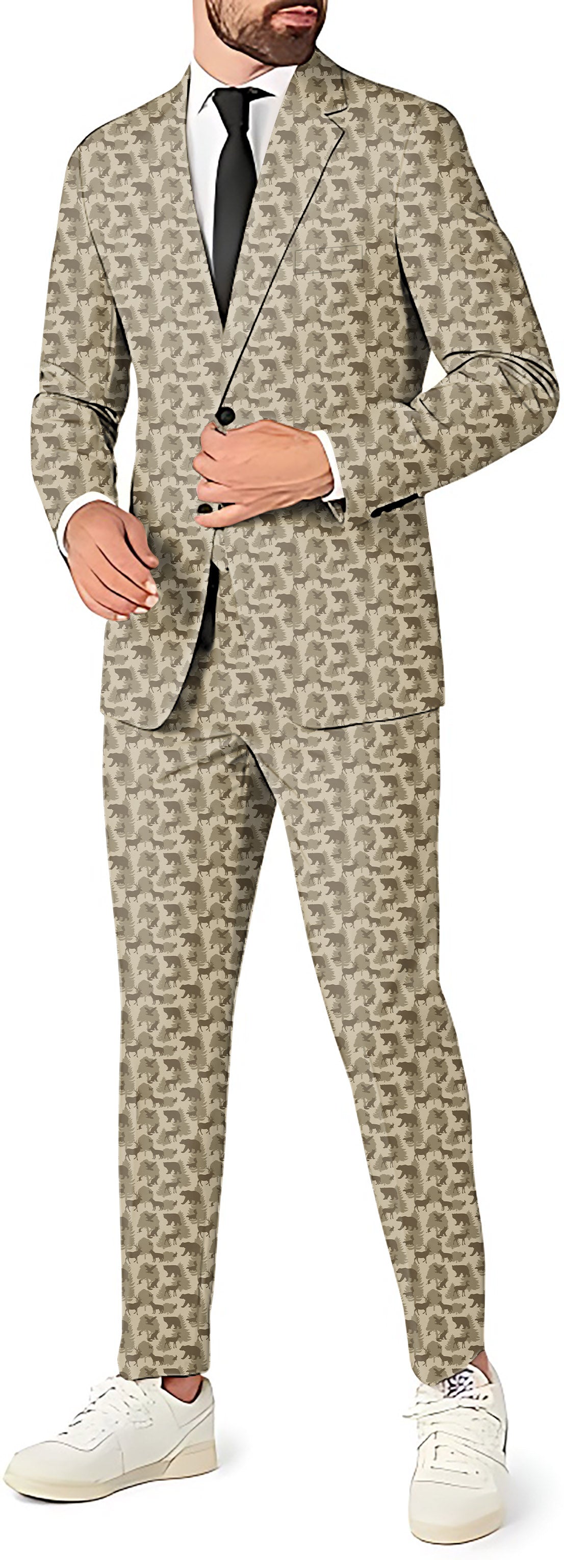 Men's forest animal bear deer patterned party suit with blazer, pants, and vest