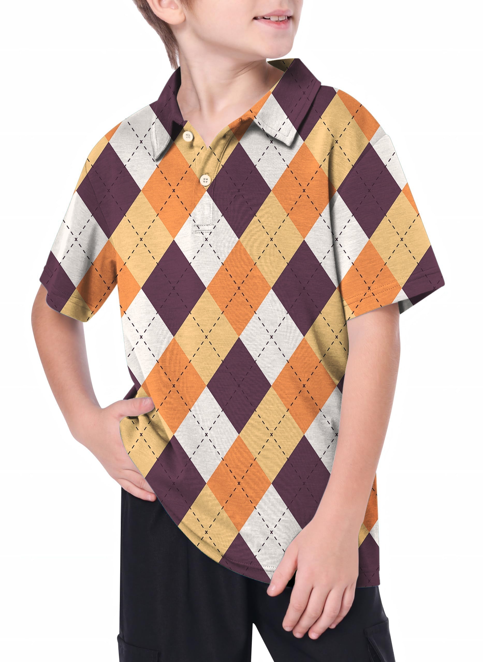 Youth golf polo with orange white brown argyle pattern, moisture-wicking and UPF 40+ protection