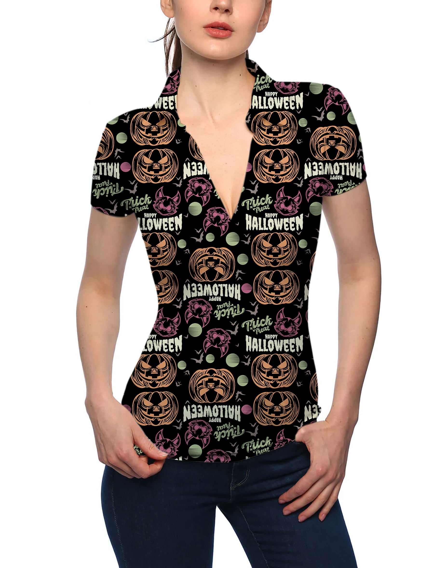 Women's Happy Halloween colorful pumpkin V neck golf polo shirt with stand collar and short sleeves