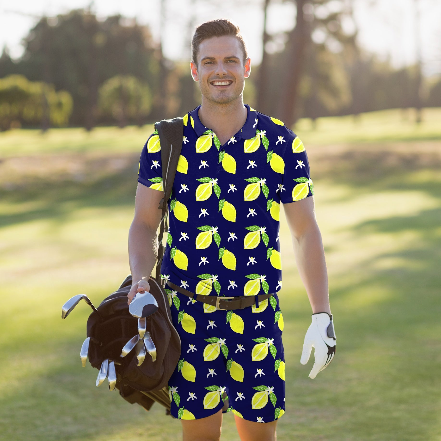 Men's golf set polo and shorts in zesty lemon pattern with four-way stretch and moisture-wicking fabric