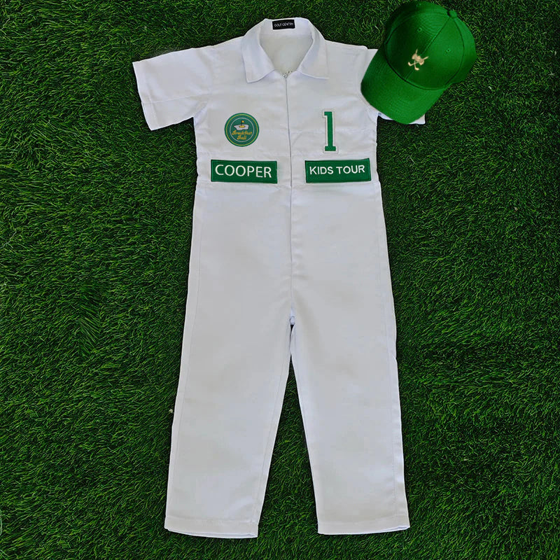 Custom Golf Short-Sleeved Shirt And Long Pants Suit for kids Golf White-Green Suit Children's Jumpsuit Baby Golf Birthday Uniform With Hat