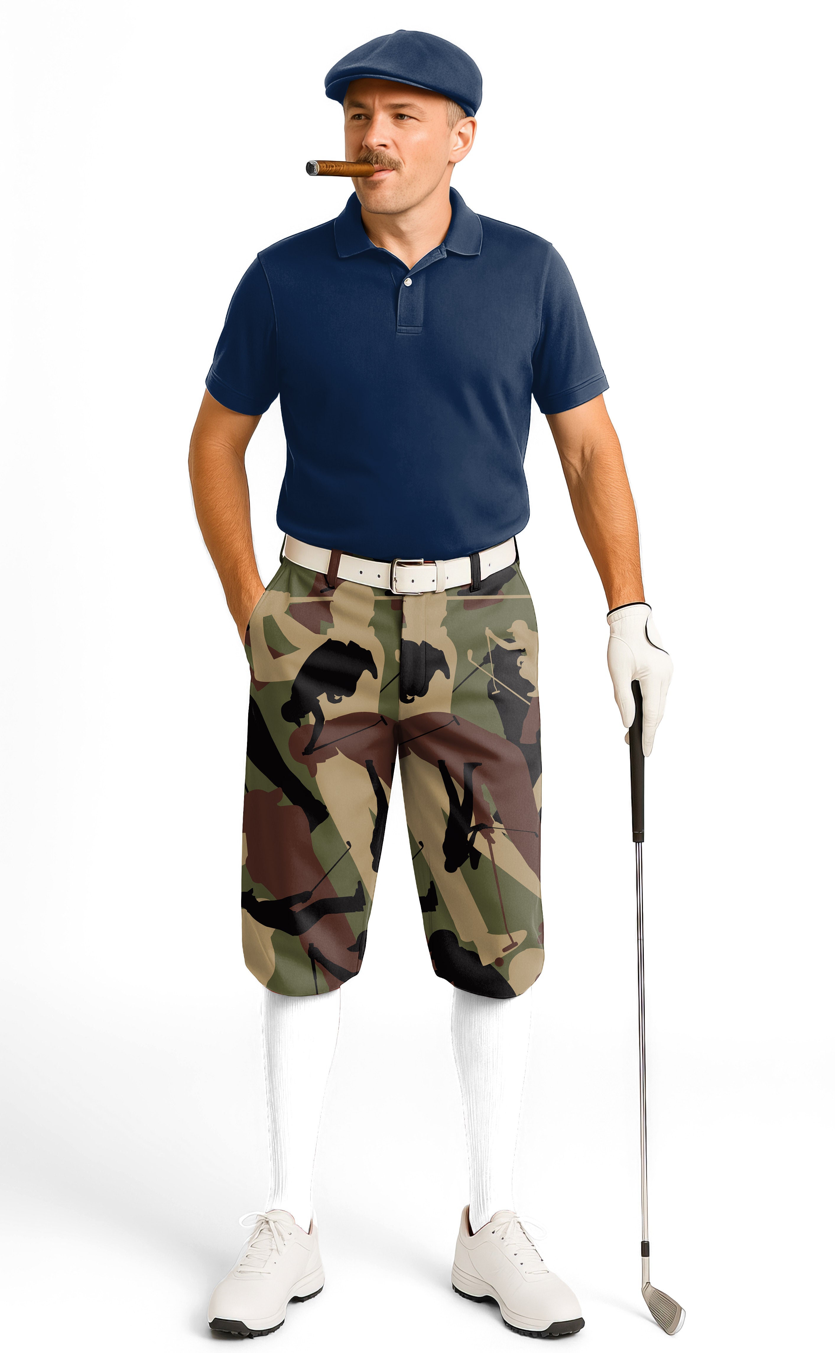 Army green men's golf knickers with camouflage pattern and snug ankle cuffs for active comfort
