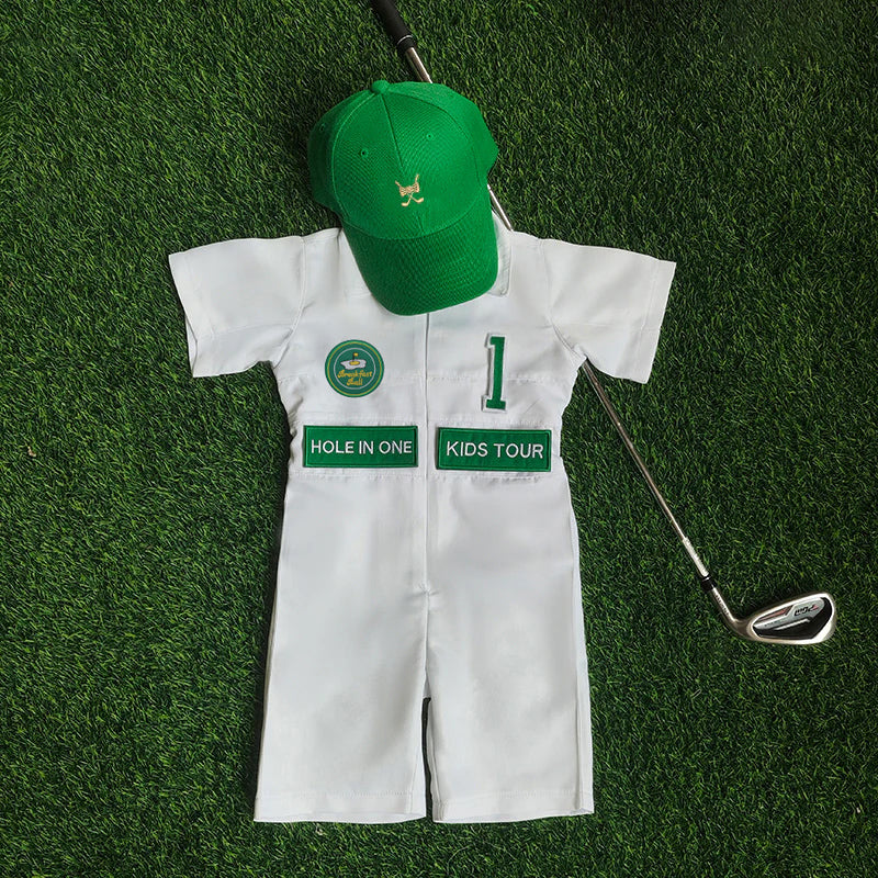 Custom Golf Shorts Suit for kids Golf White-Green Suit Children's Jumpsuit Baby Golf Birthday Uniform With Hat