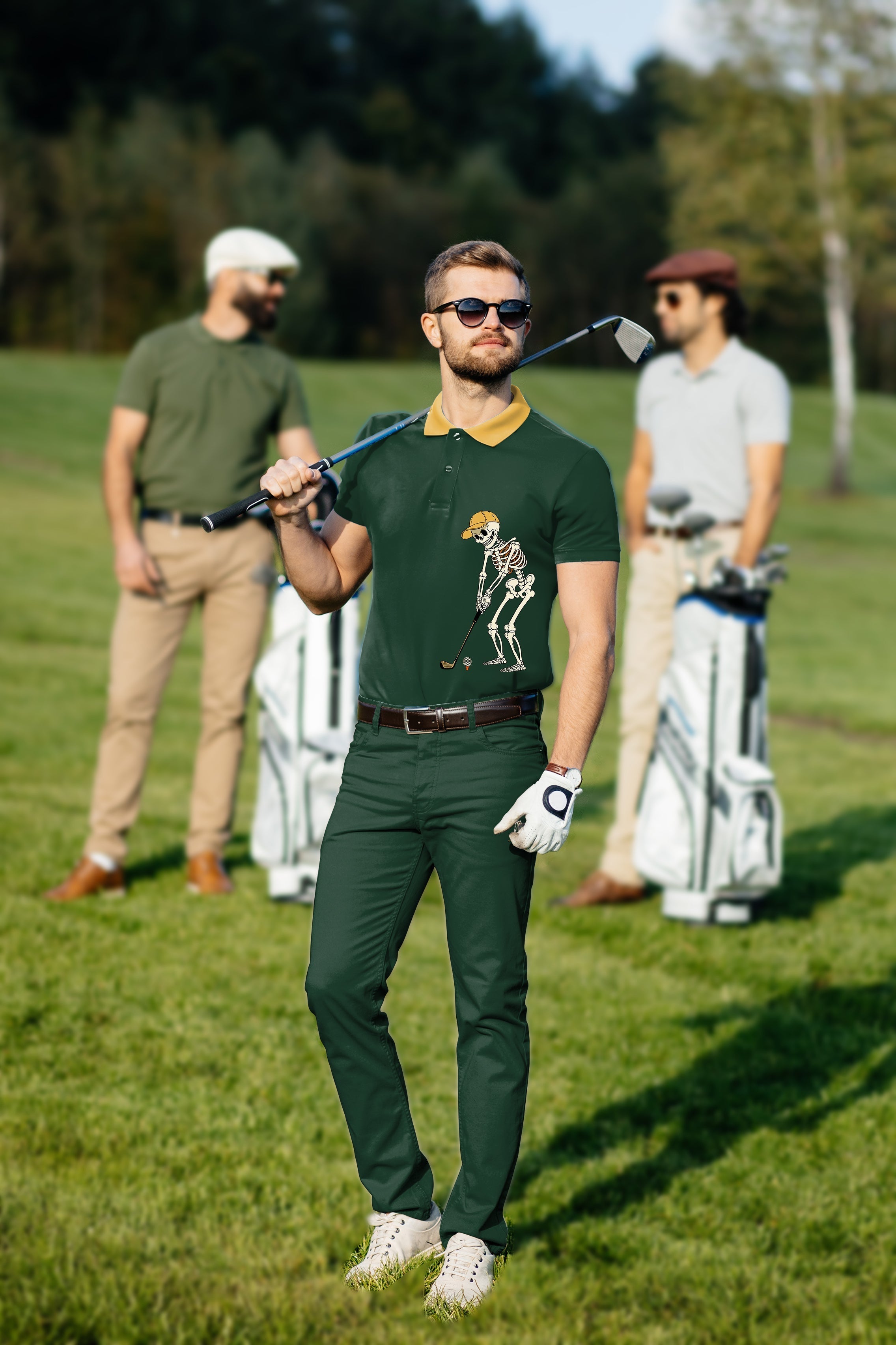 Men's golf set with yellow-green skeleton polo and pants, stretchy, moisture-wicking, wrinkle-resistant, UPF 40+ protection, classic fit.