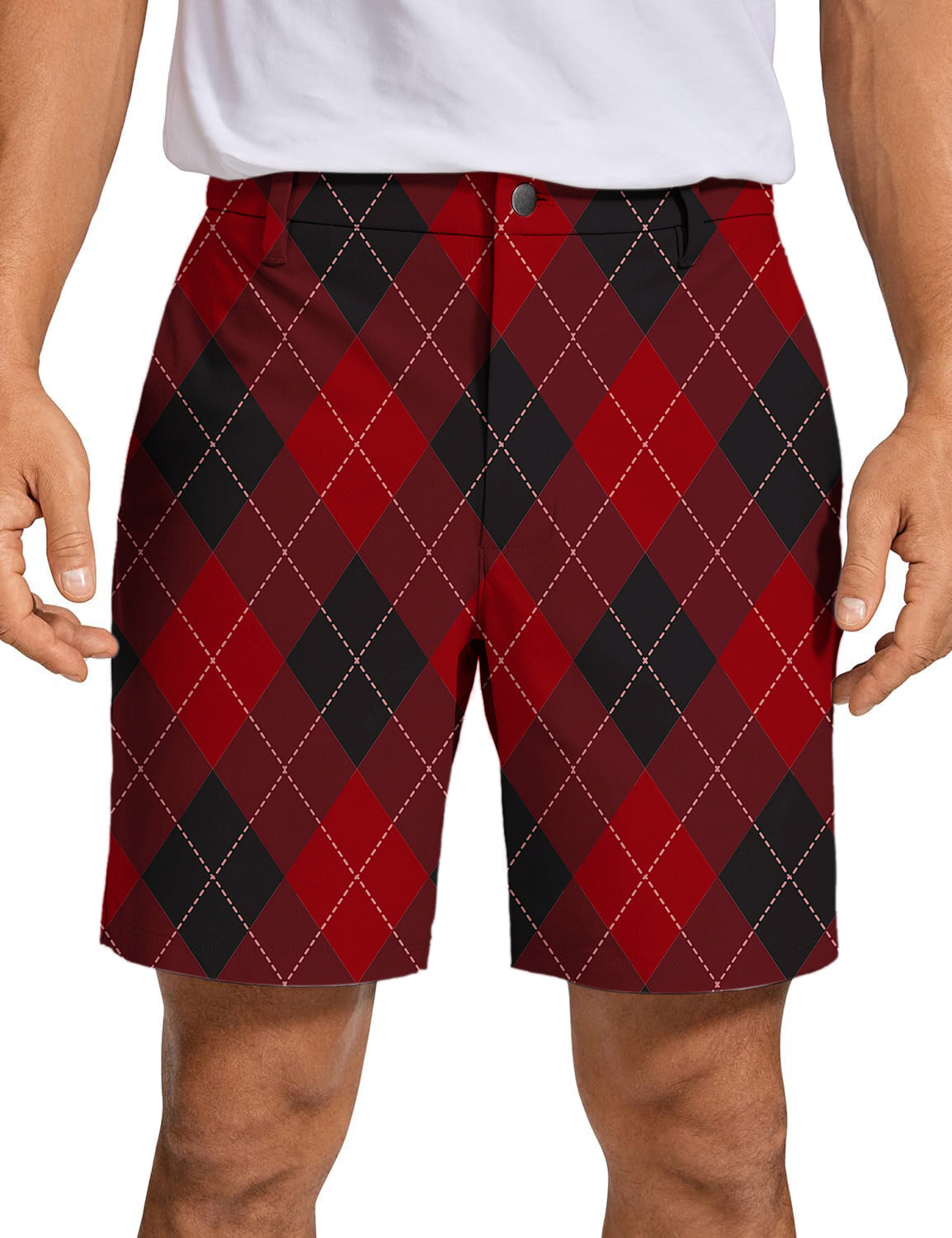 Men's red Argyle patterned golf shorts made with lightweight, quick-dry, and stretchy polyester fabric for comfort and style.