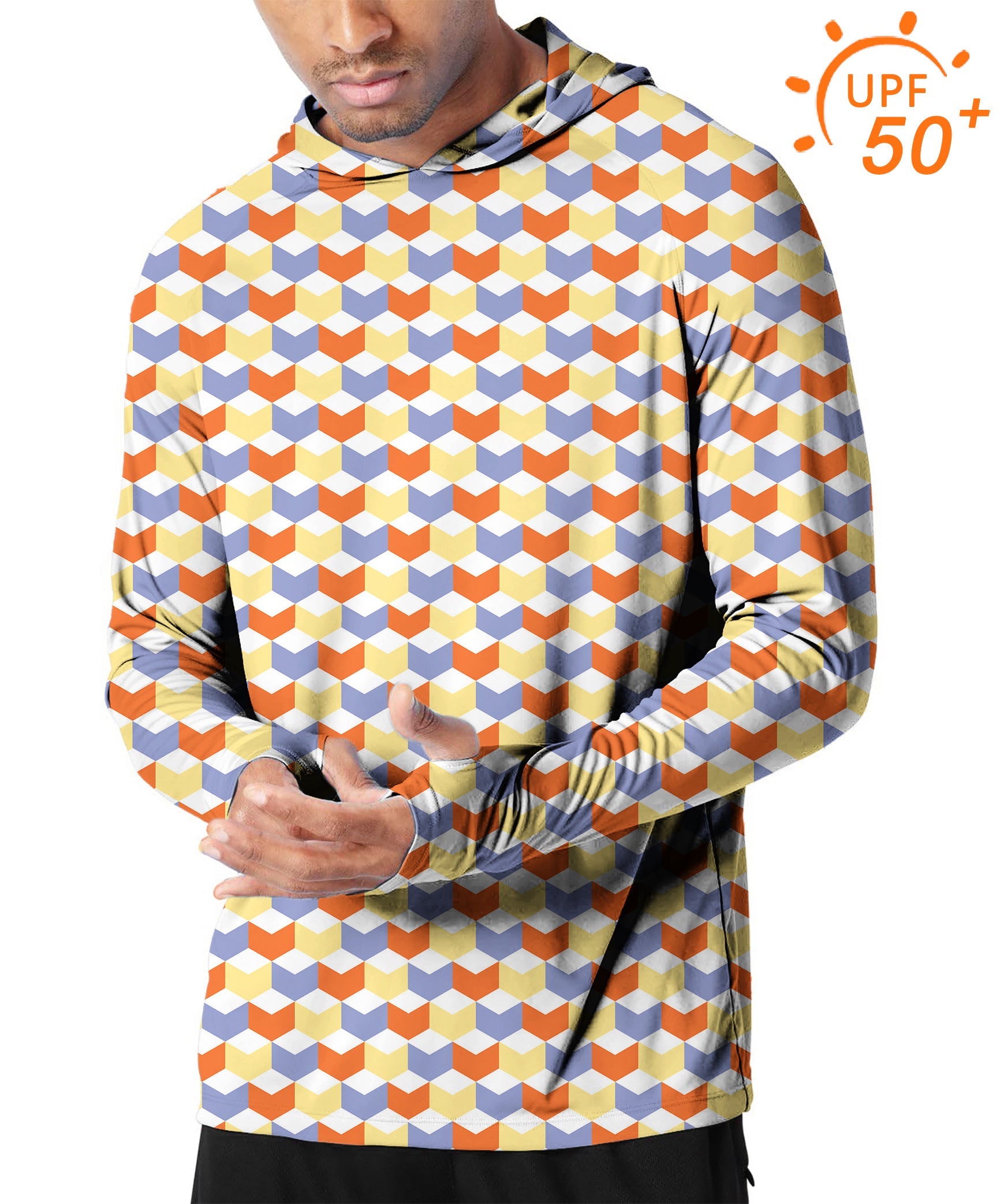 Men's outdoor slim fit hoodie with colorful 3D square box pattern and UPF 50+ sun protection