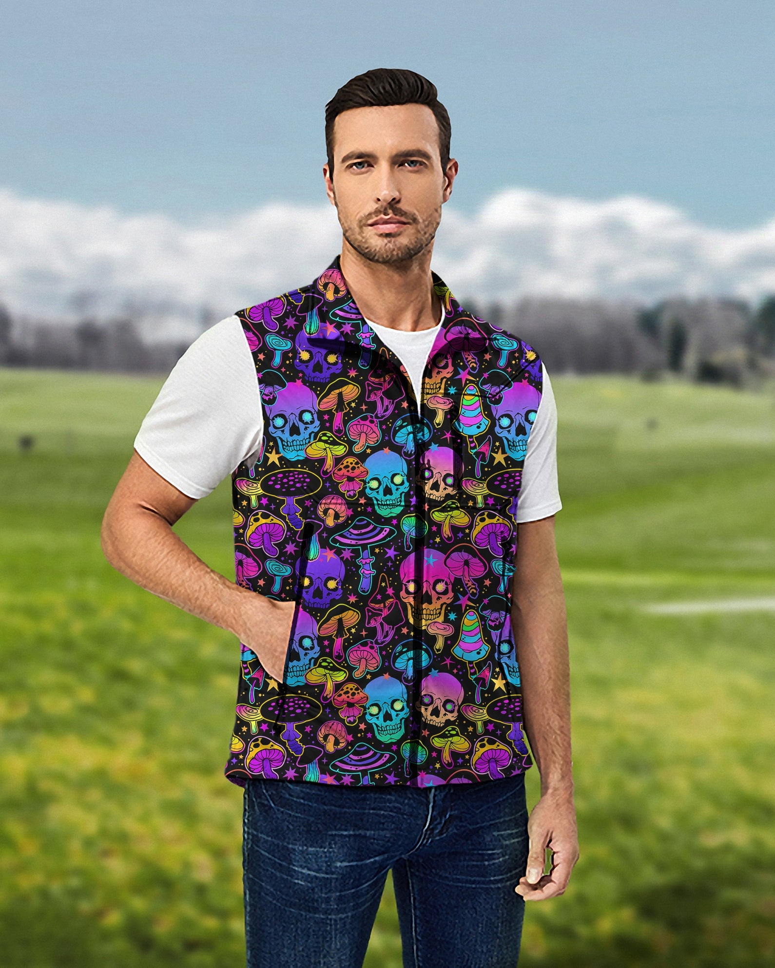 Men's neon skull sleeveless softshell vest with colorful skull pattern for golf, windproof and waterproof