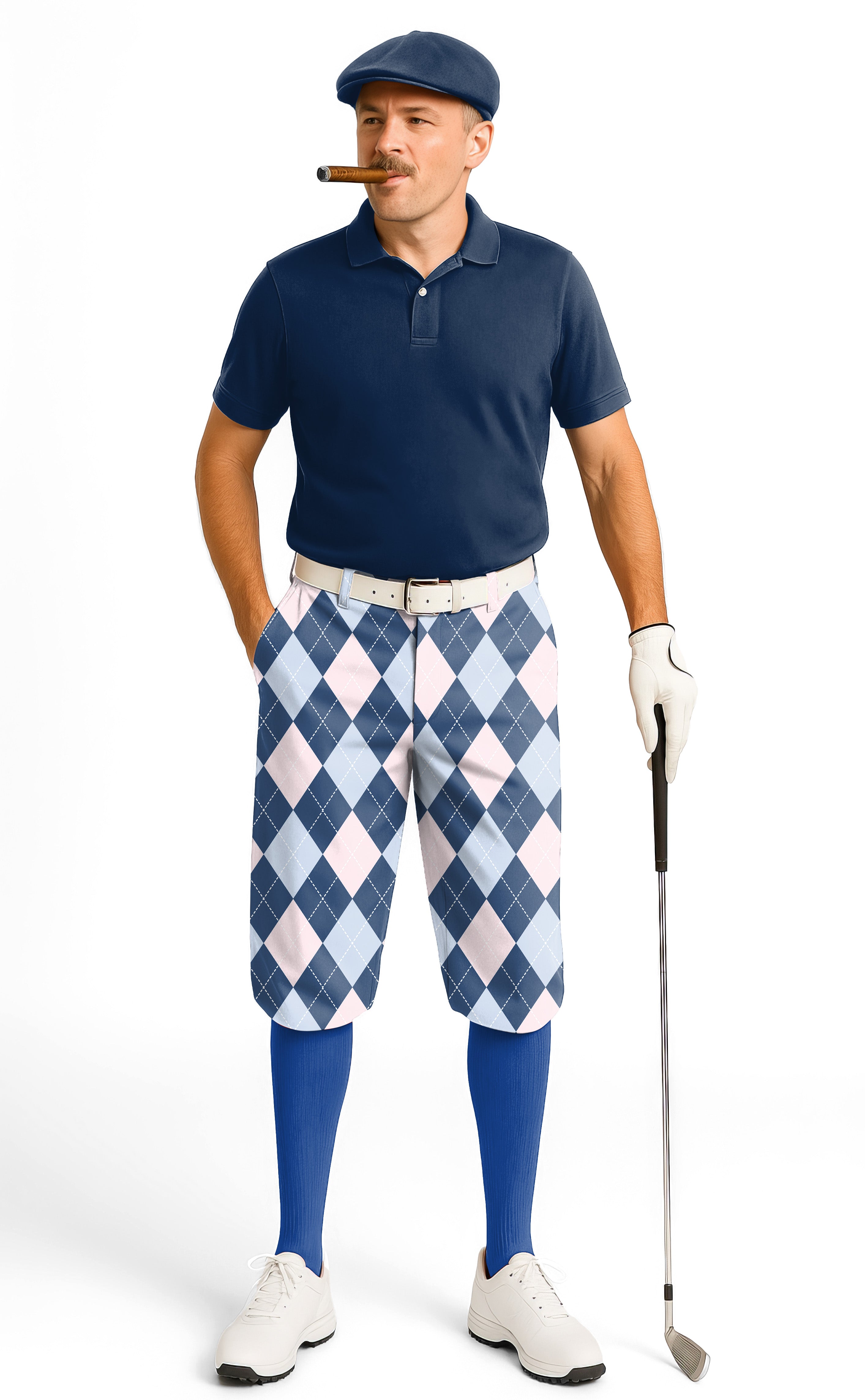 man wearing blue Argyle men's golf knickers with navy polo and golf glove holding club