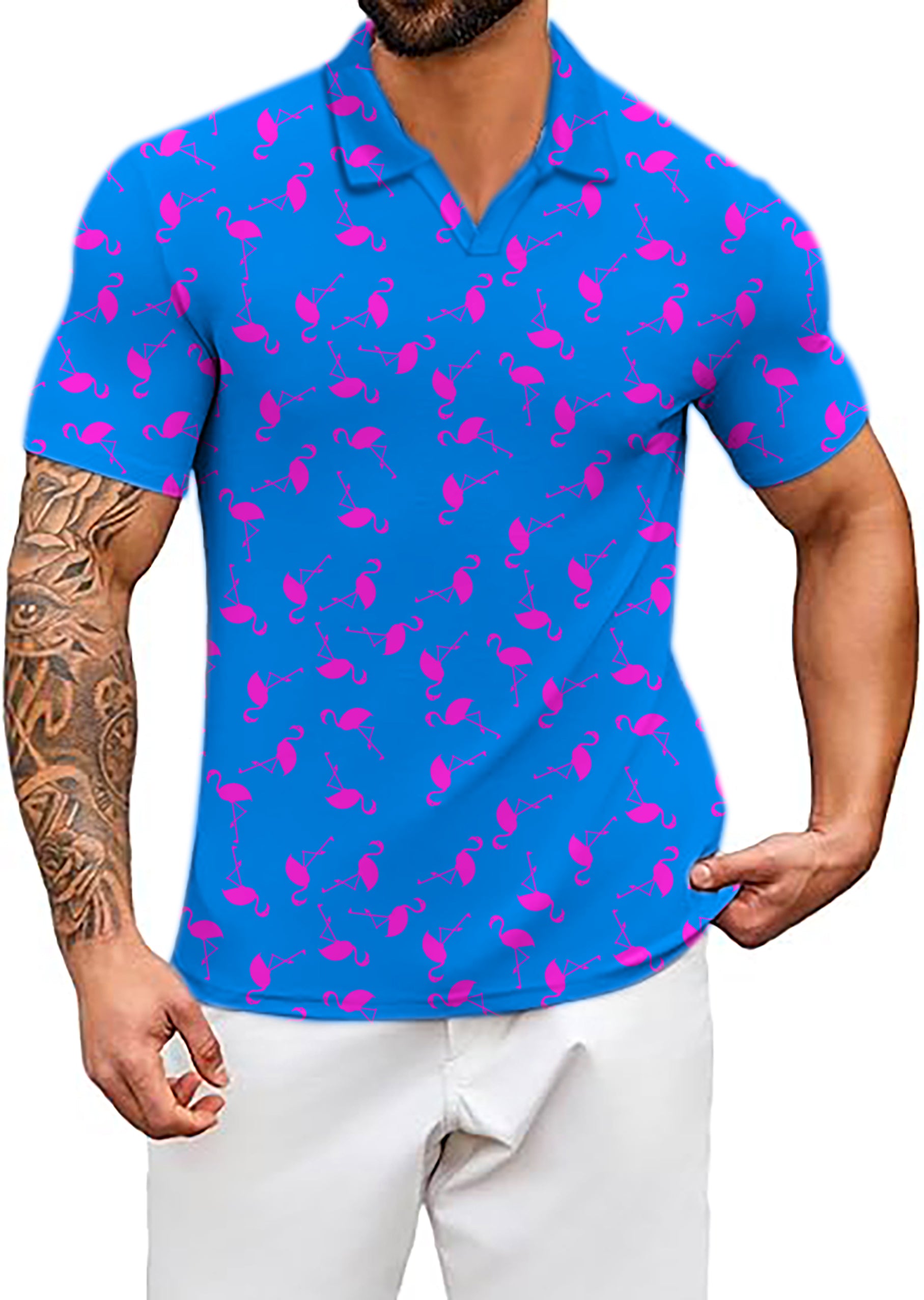 Men's Blue flamingo V Neck Golf Polo Shirts