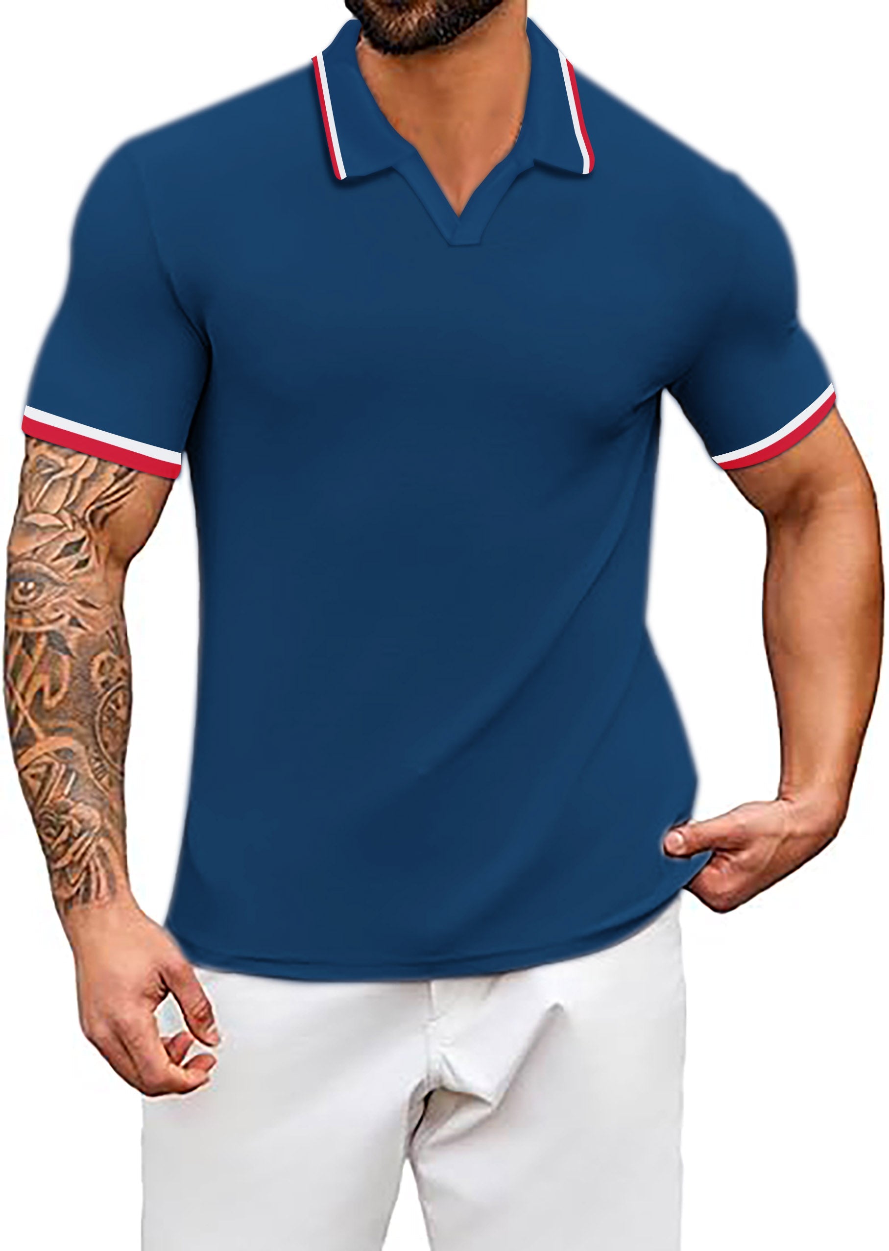 Men's Coconut Palm Navy Red White Stripe Series V neck golf polo shirt with moisture-wicking fabric and UPF 40+ protection