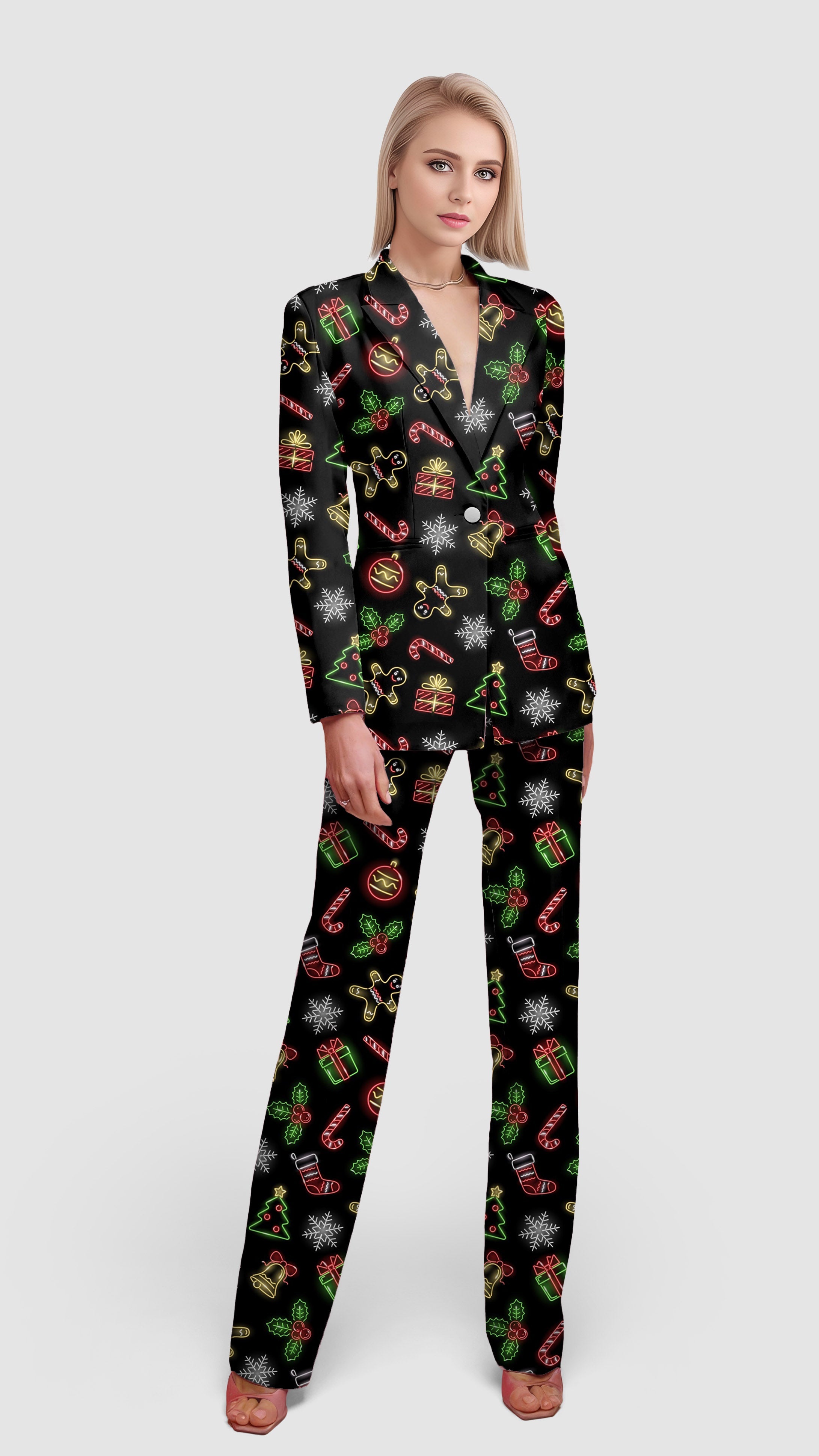 Women's Christmas cartoon blazer suit set with festive holiday patterns, perfect for casual and office wear.