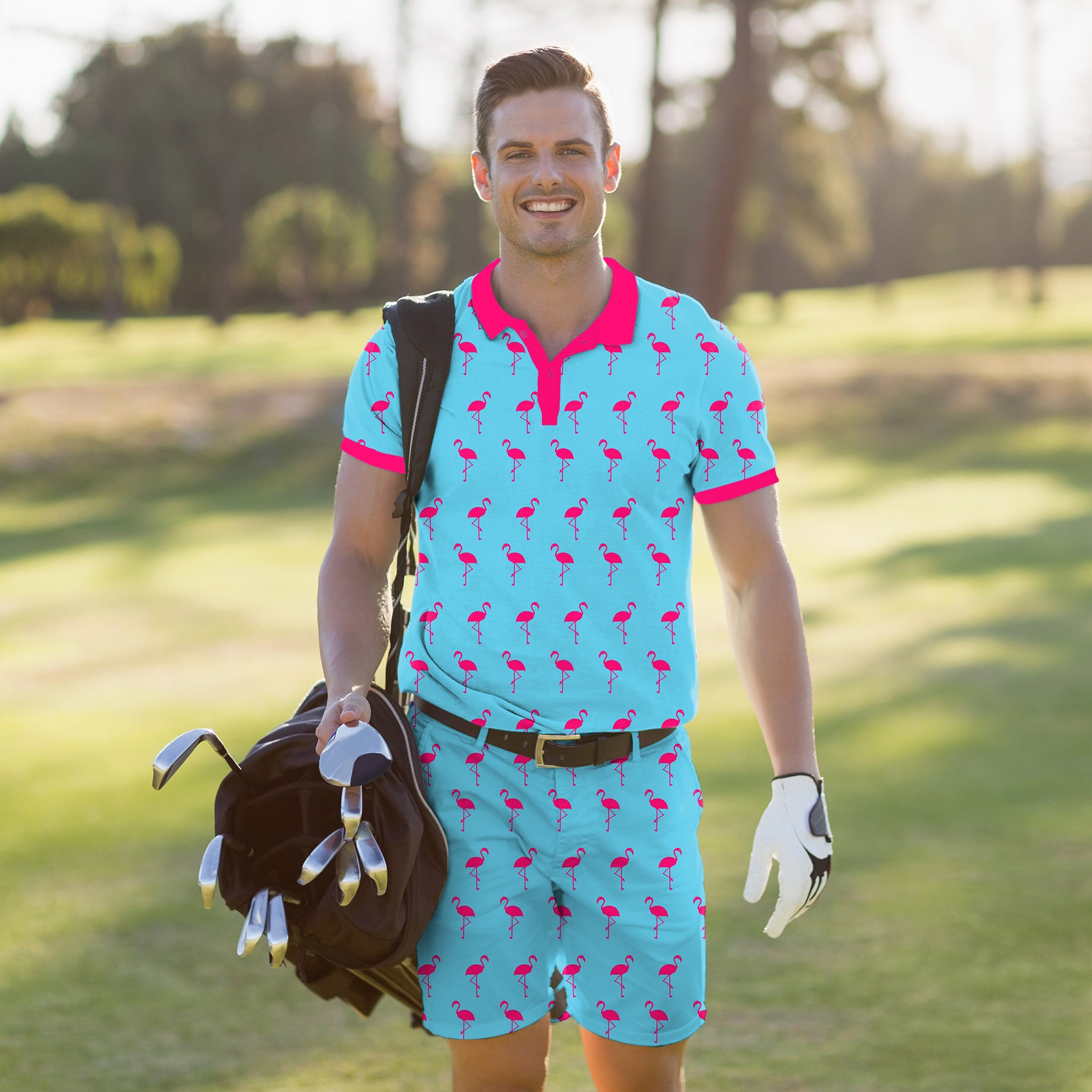 Men's Golf Set Polo+Shorts flamingo