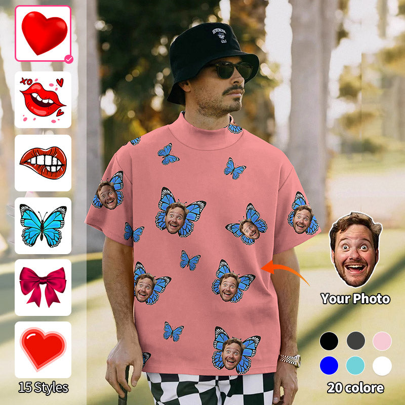 Valentine's Day Men's Custom Photo Face Custom Color Hot Pink Love Pullover High Neck Long/Short Sleeve T-Shirt