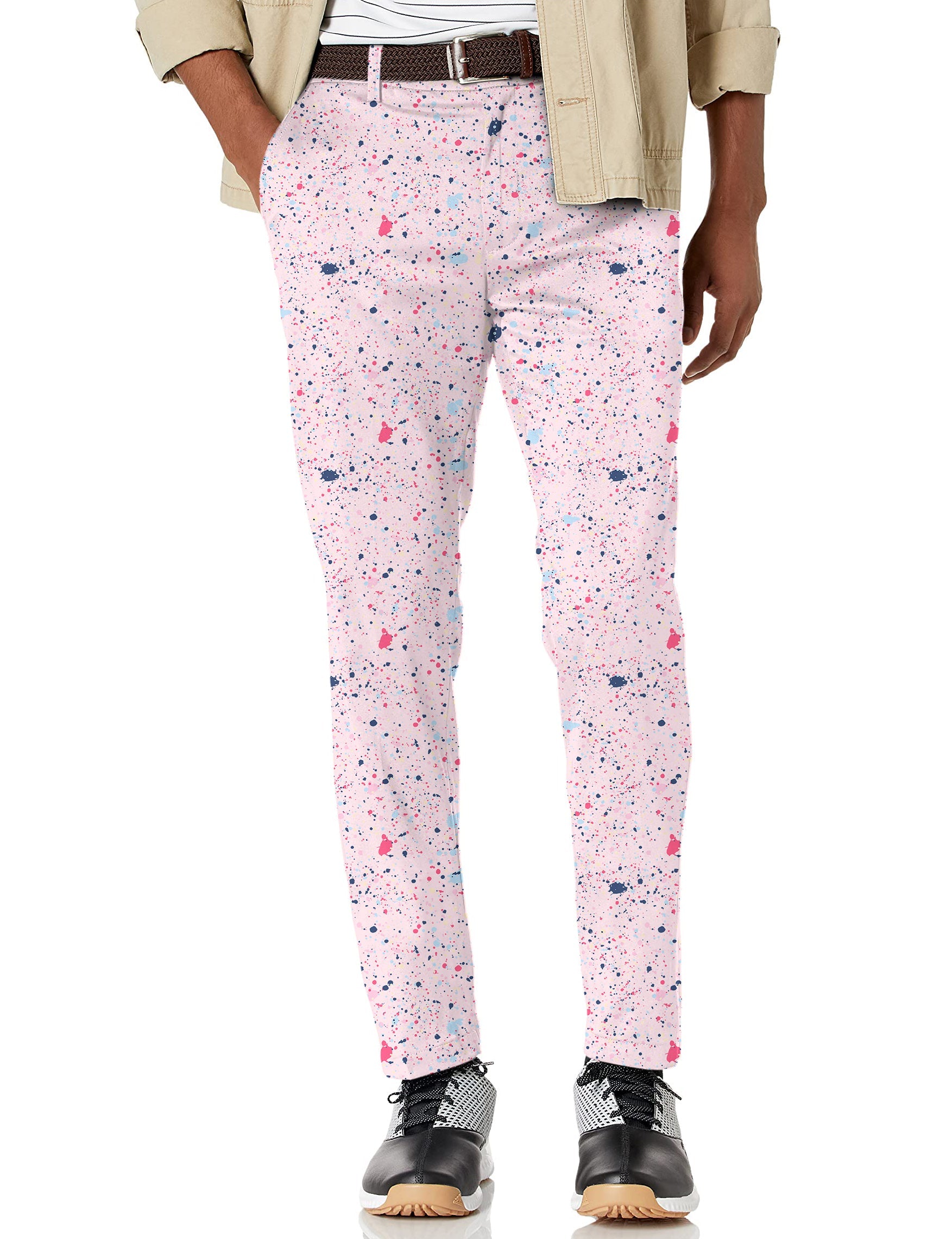 Men's black pink ink dots stretch golf pants with moisture-wicking fabric and wrinkle resistance